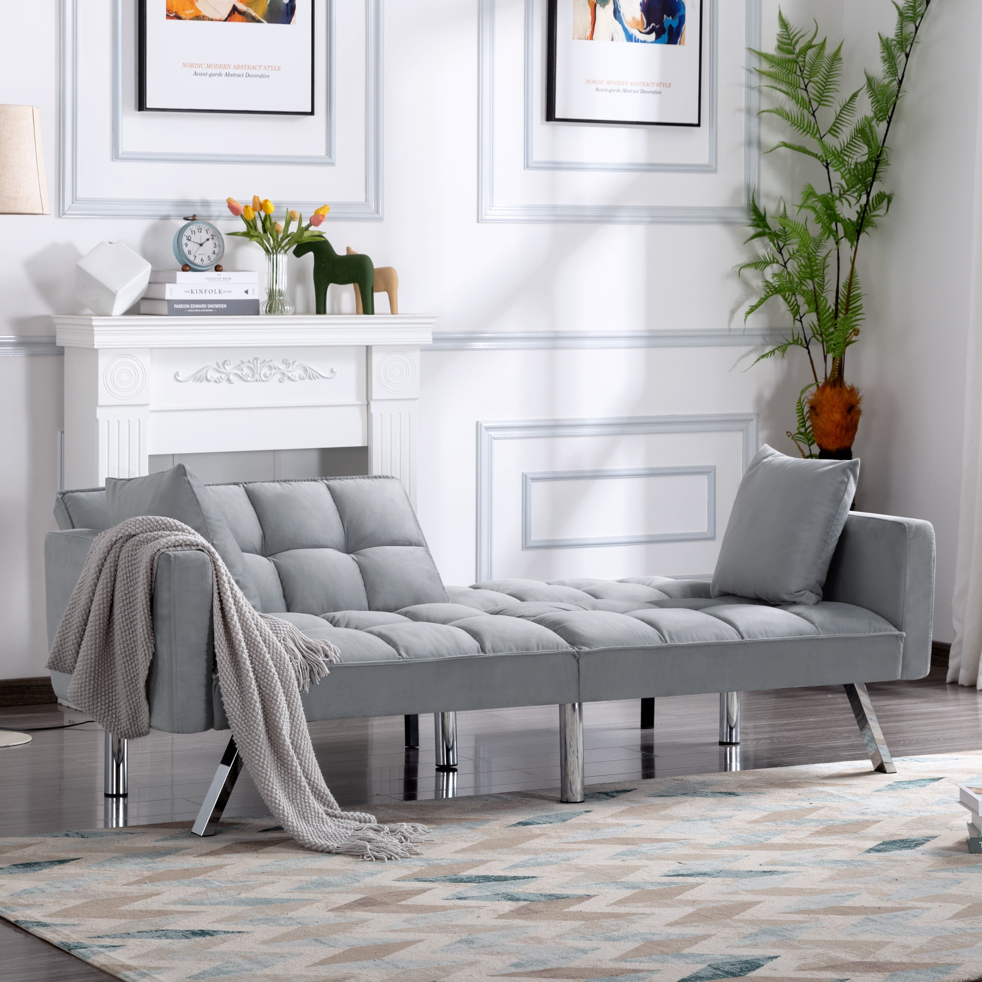 BSHTI 74” x 26.4” Futon Convertible Sofa, 3 Angles for Adjusting, Velvet Fabric, Square-Tufted Upholstery, with Silver Metal Legs, Twin Size Sleeper Sofa, Light Gray - Image 14