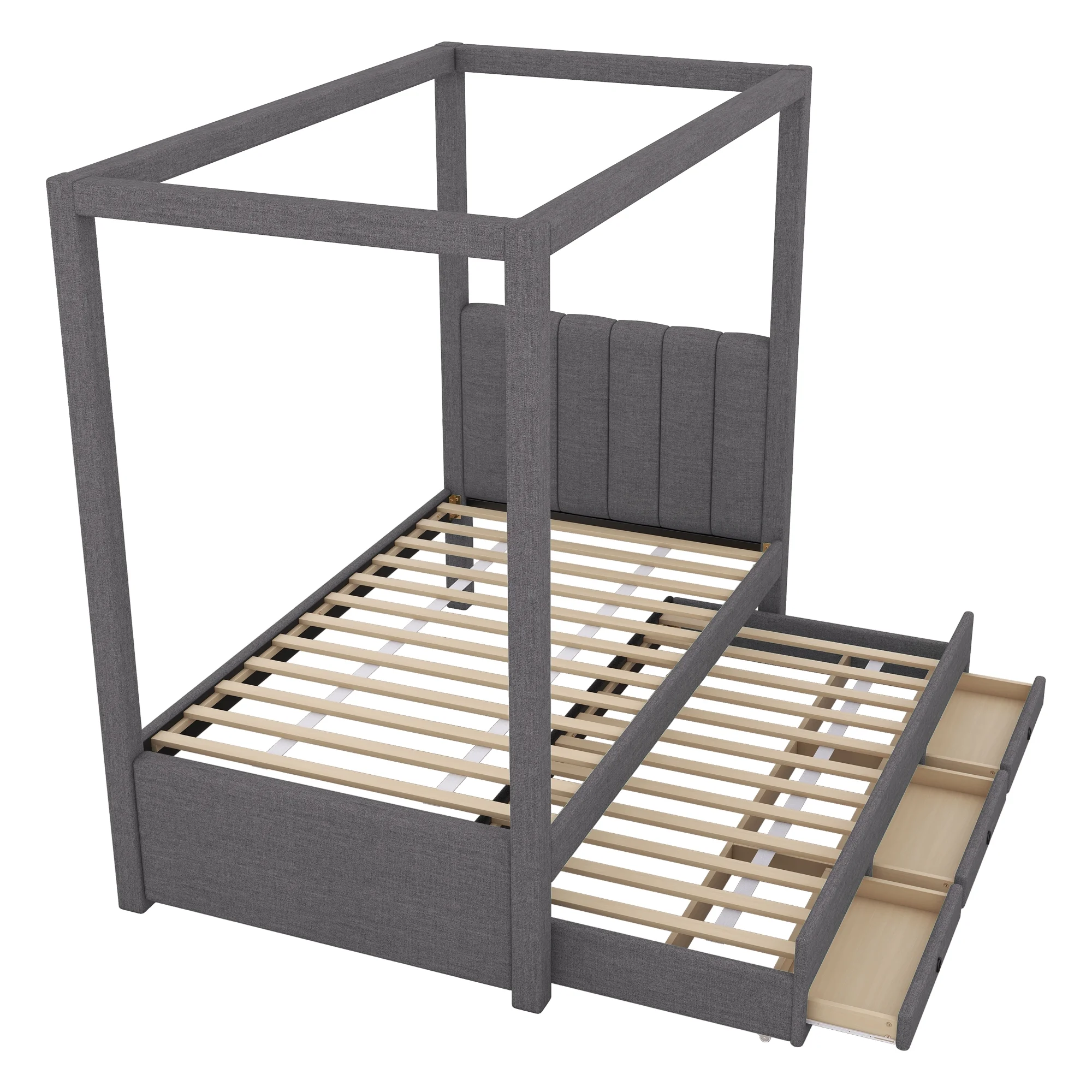 EUROCO Upholstered Twin Size Canopy Bed Frame with Trundle Bed and 3 Drawers, Platform Bed with Headboard for Kids Teens Adults, Gray - Image 3