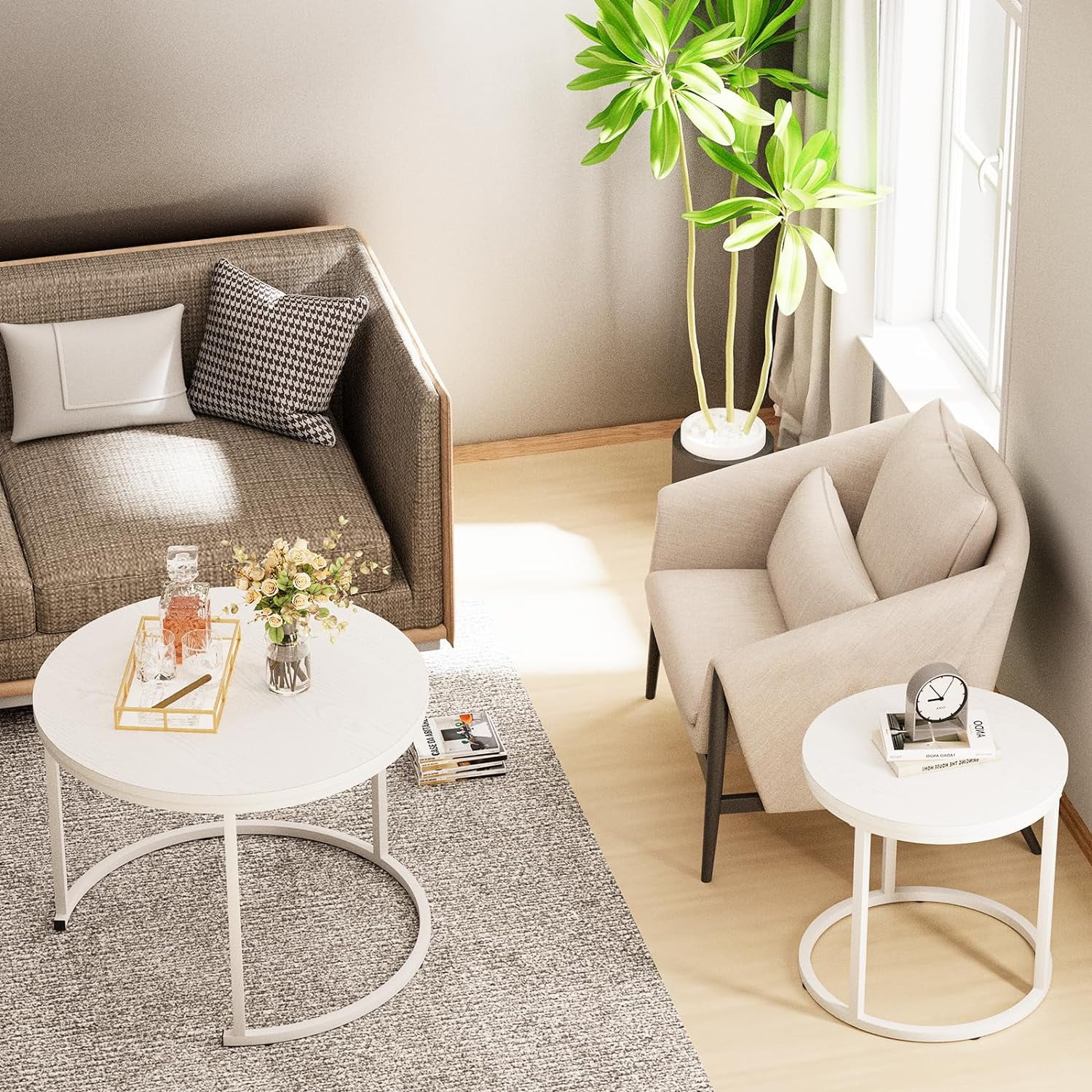 Nesting Coffee Table Round Side Table Set of 2 End Tables for Living Room Bedroom Balcony,White Wooden Stacking Accent Coffee Tables with Metal Frame - Image 3