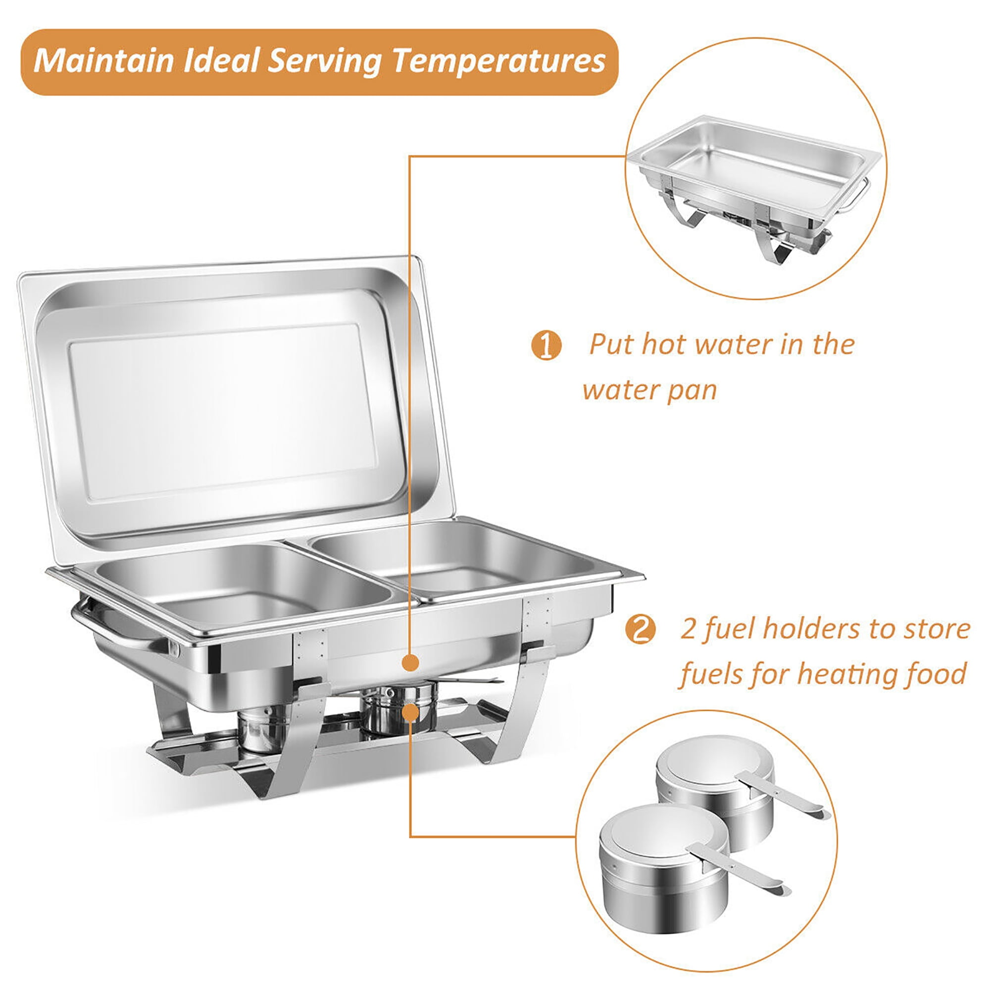 Costway 2 Packs Full Size Chafing Dish 9 Quart Stainless Steel Rectangular Chafer Buffet - Image 2