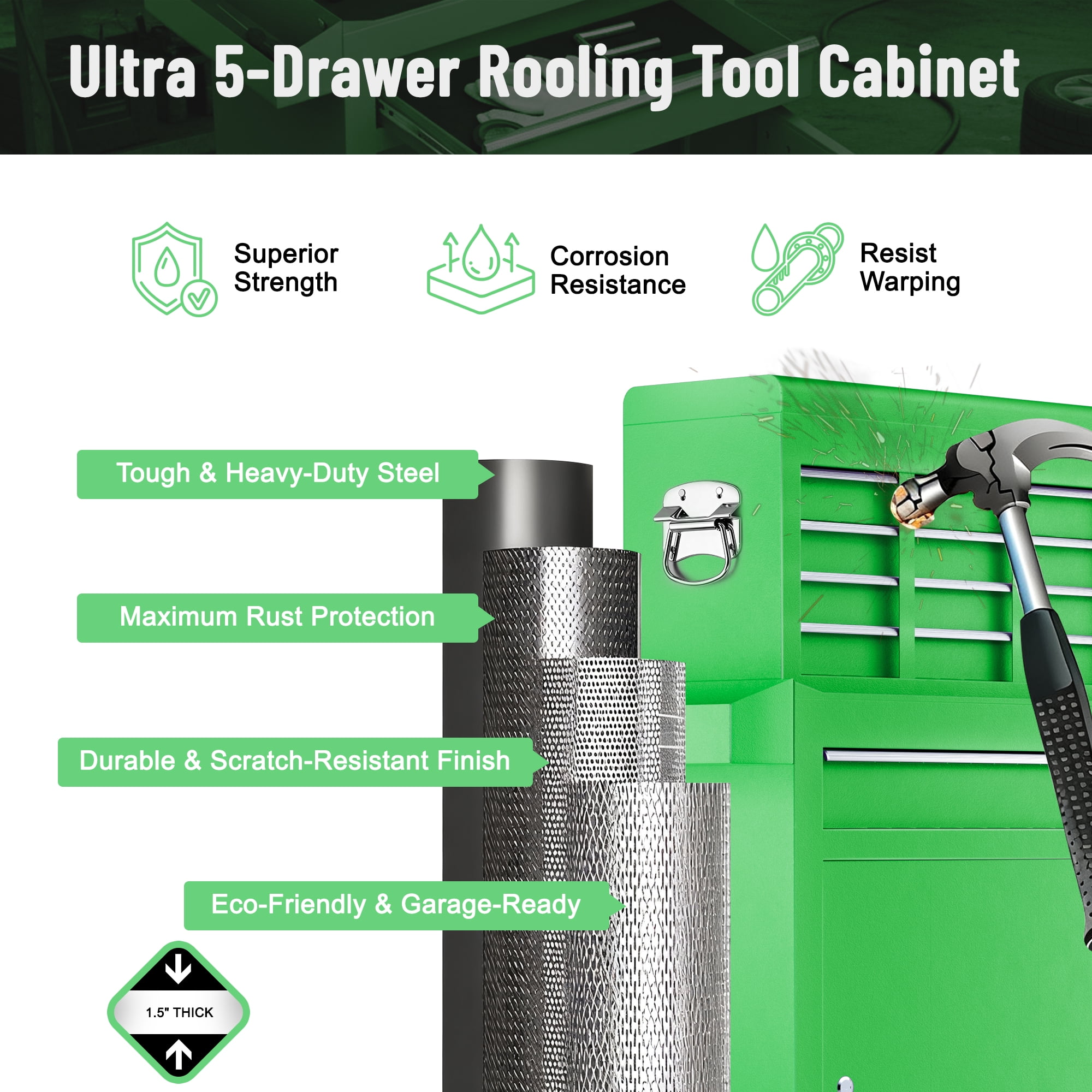 5-Drawer Tool Chest on Wheels, 2 In 1 Rolling Tool Storage Cabinet, Tool Organizer for Garage, Workshop, Warehouse & Repair Shop, Green - Image 2
