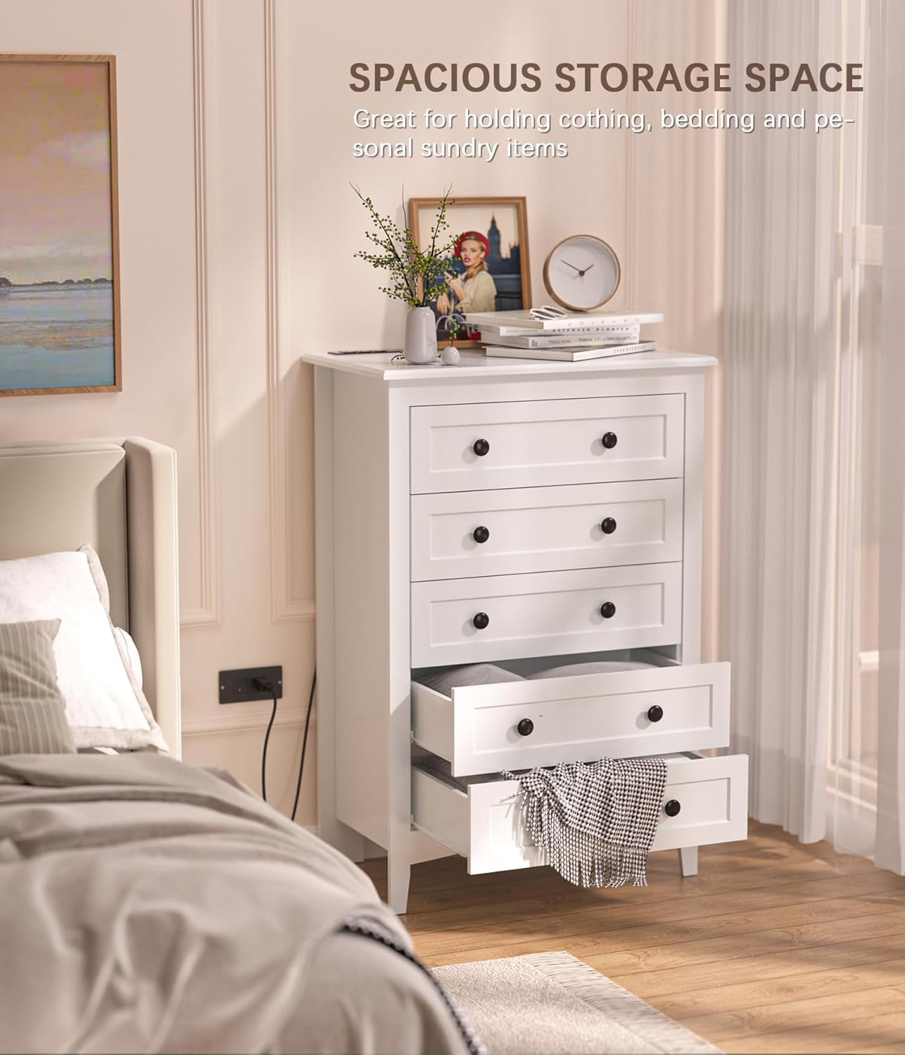 5 Drawer White Dresser with Power Outlets, Wooden Vertical Dressers for Bedroom & Living Room - Image 2