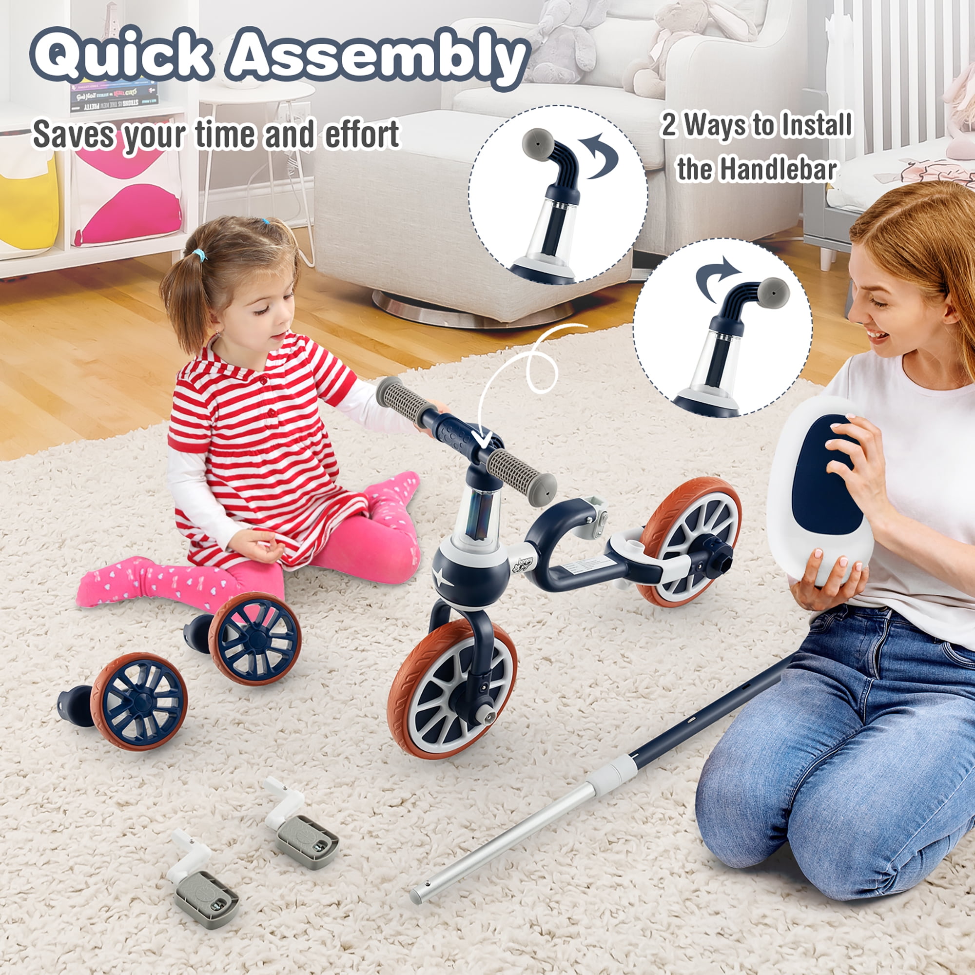 Honeyjoy 4 in 1 Kids Tricycles with Push Handle & Training Wheels Baby Balance Bike Navy - Image 2