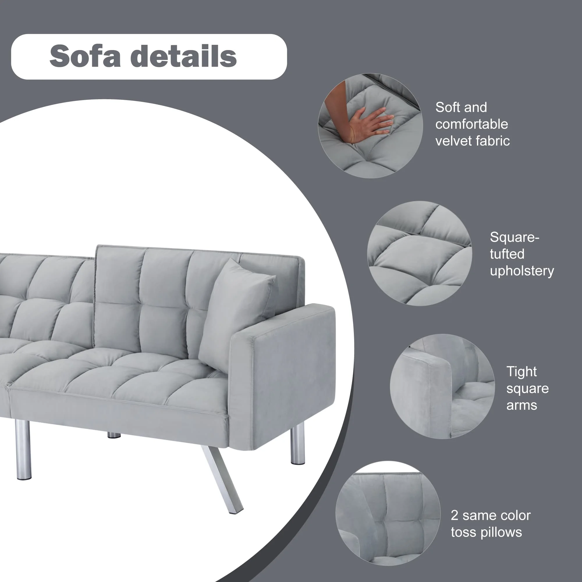 BSHTI 74” x 26.4” Futon Convertible Sofa, 3 Angles for Adjusting, Velvet Fabric, Square-Tufted Upholstery, with Silver Metal Legs, Twin Size Sleeper Sofa, Light Gray - Image 11