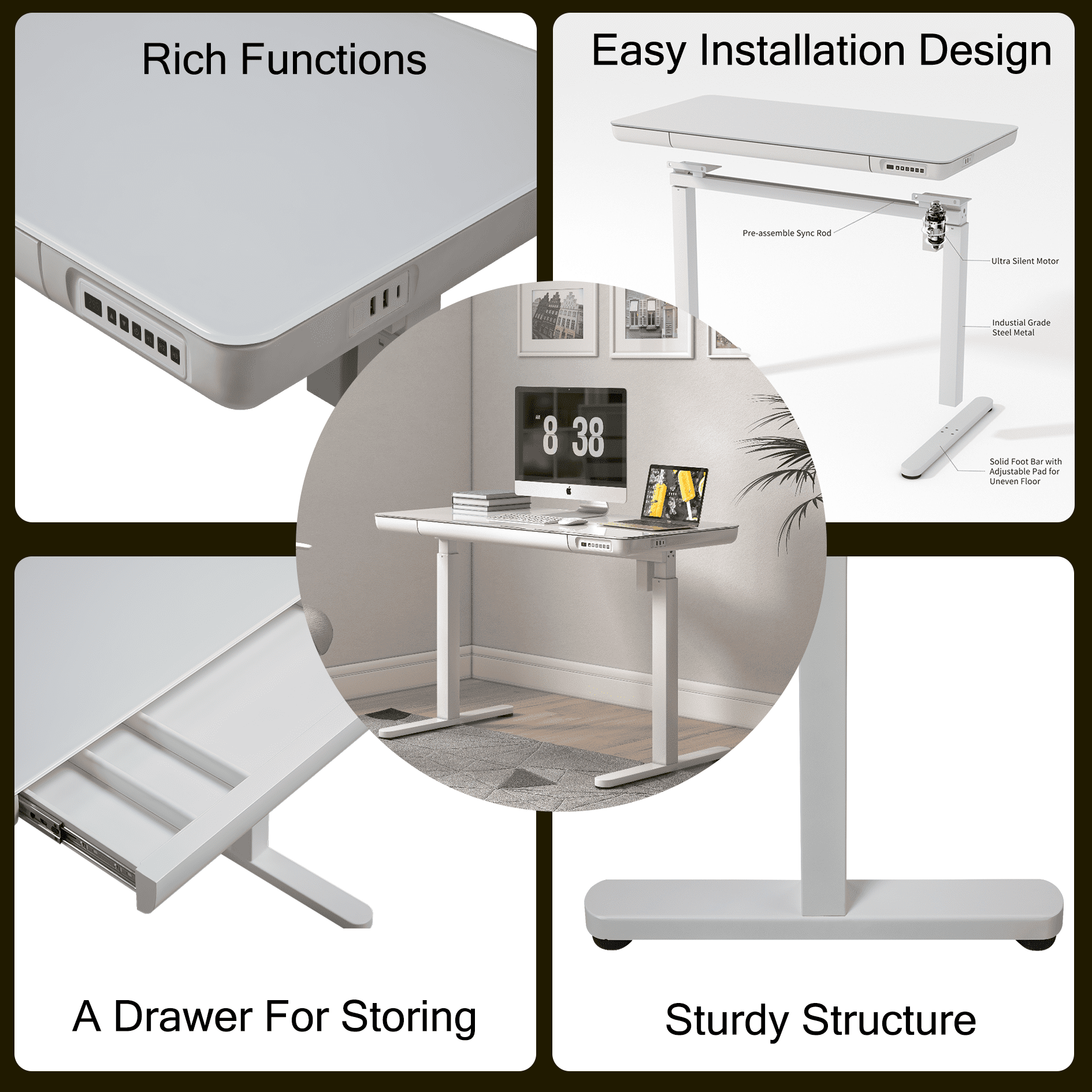 KOWO K302 Adult Tempered Glass Electric Height Adjustable Standing Desk with Drawer, 23.6 in x 47.2 in, White, 1 Pack - Image 4