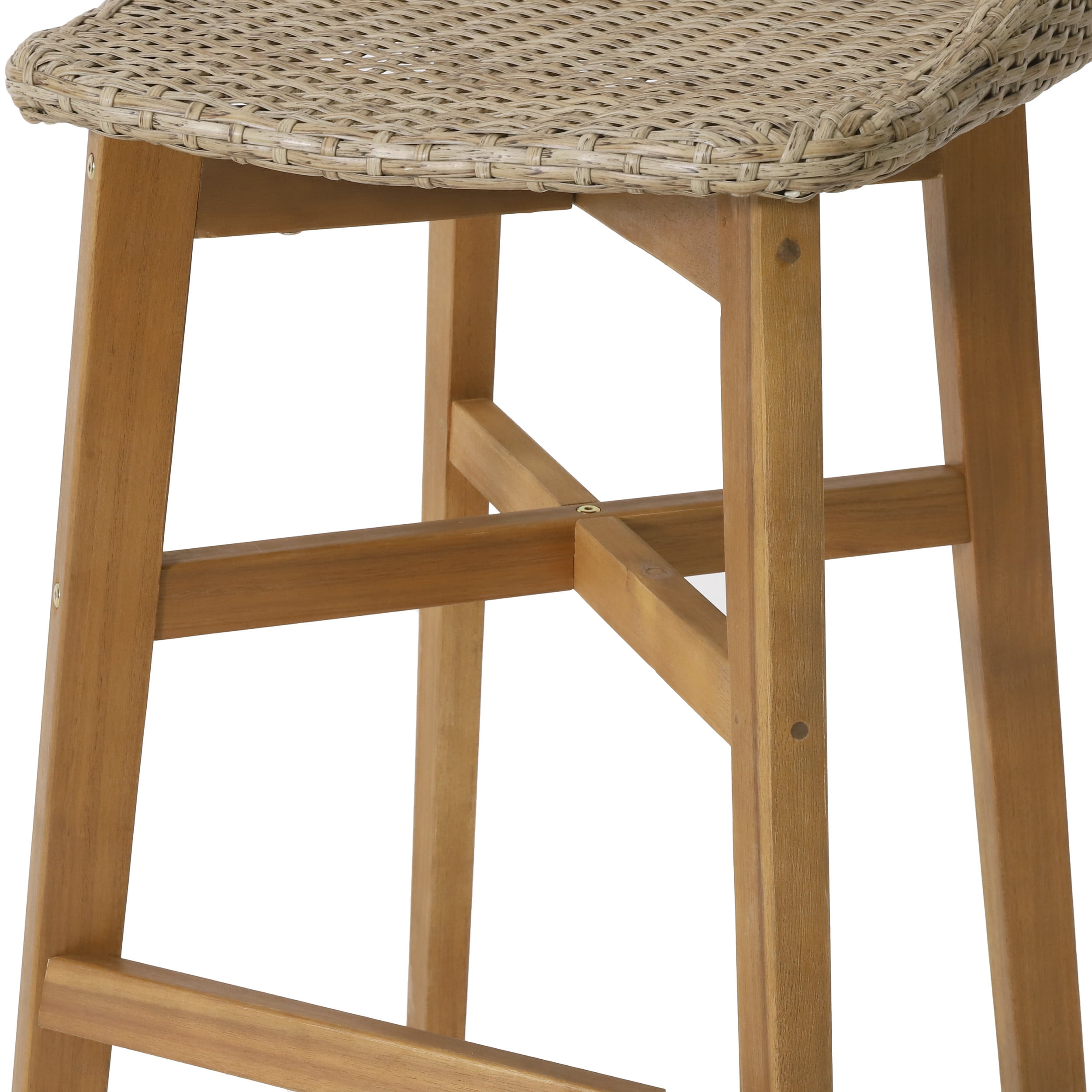 Borah Wicker and Acacia Wood Outdoor Barstools, Set of 2, Light Multibrown and Teak - Image 6