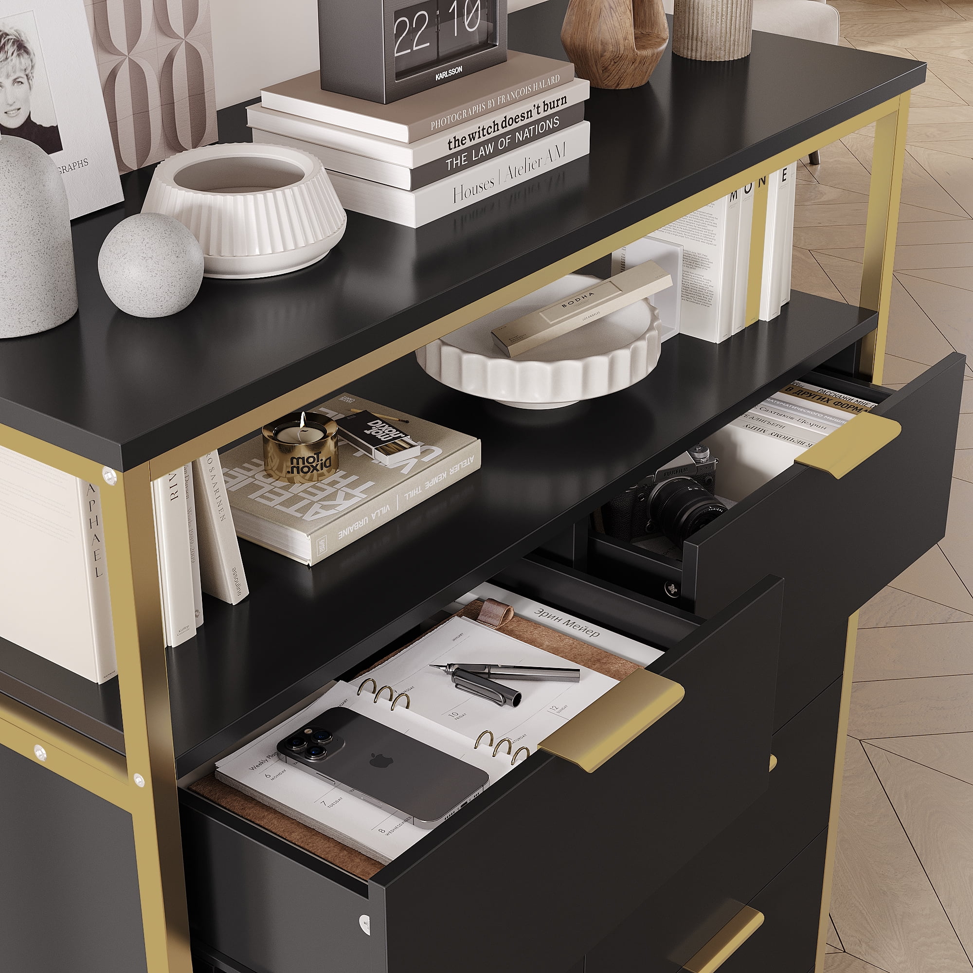 Homfa 8 Drawer Dresser for Bedroom, Modern Chest of Drawer, Wood Storage Cabinet with Shelf for Living Room, Black Gold - Image 5