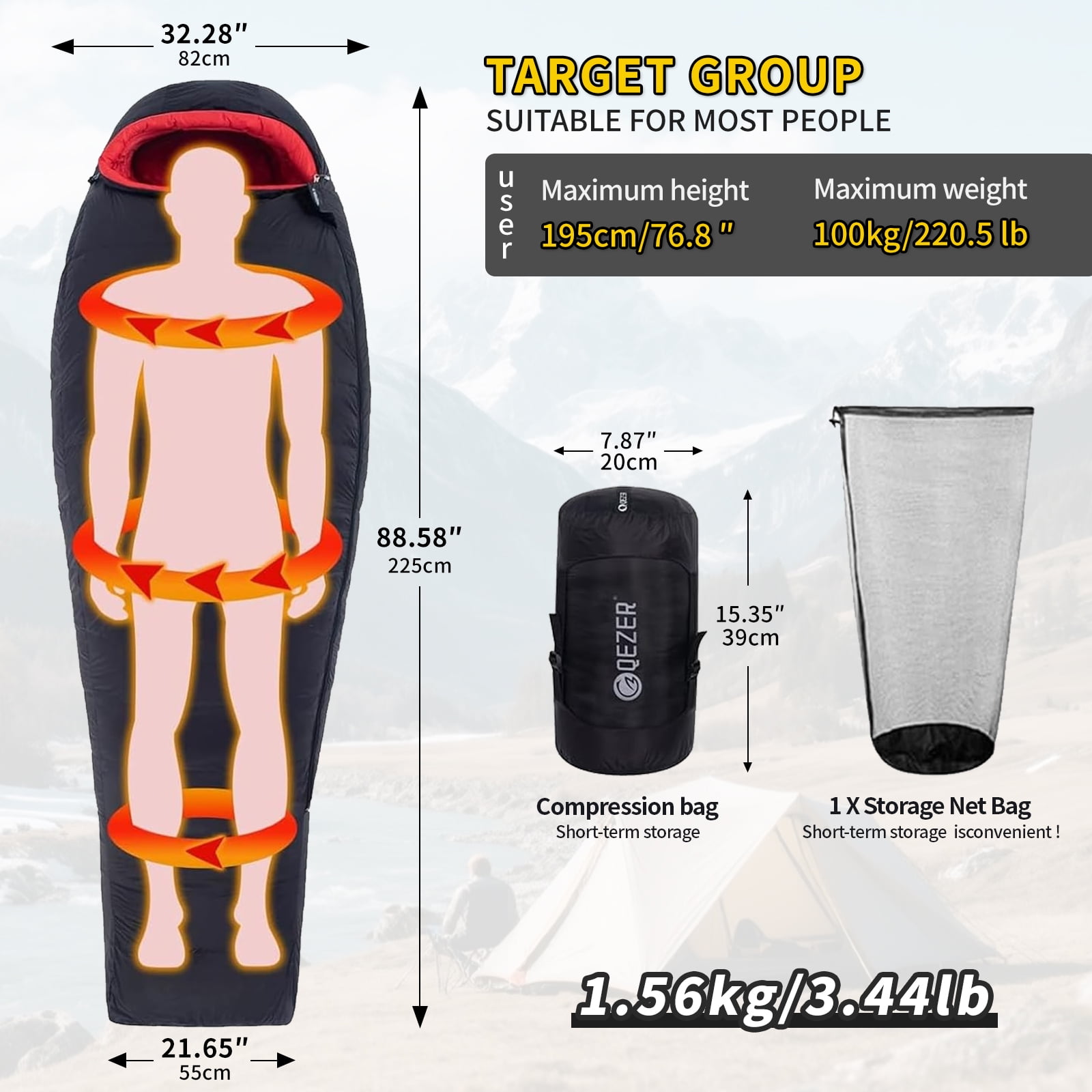 QEZER Adult Mummy Down Sleeping Bag, Perfect for Extreme Cold Weather, Essential for Camping and Backpacking, with compression sack, 88.6" × 32.3", 3.44 lb, Black - Image 2