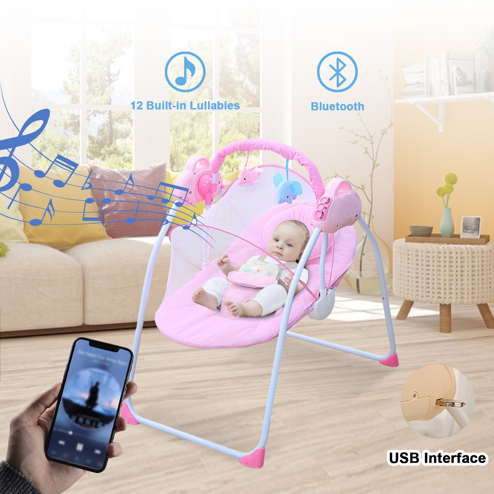 ANJORALA Baby Swings for Infants Toddler, Portable Newborn Swing Bouncer, Bluetooth(Pink) - Image 7
