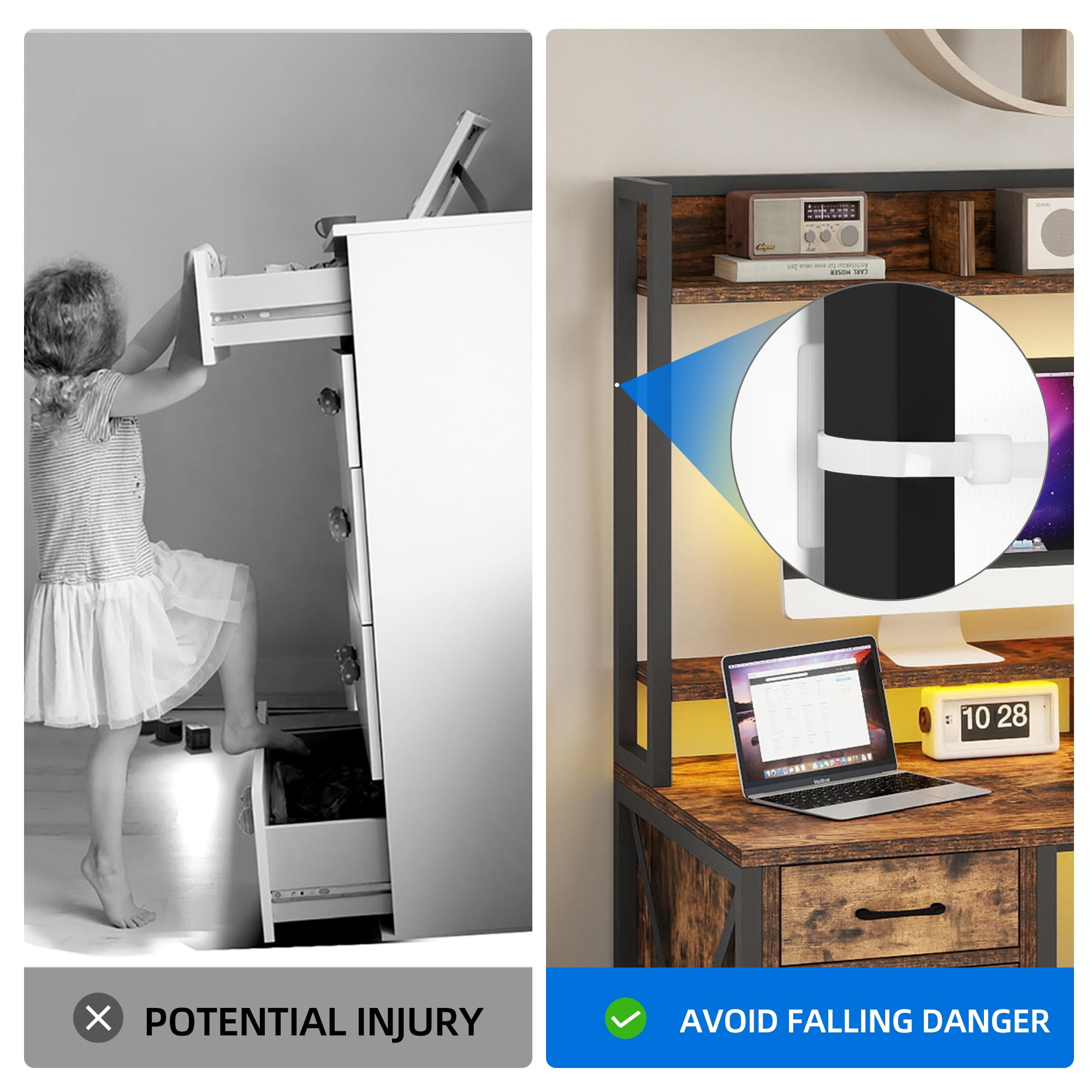 Uforic 59 "Computer Desk with Power Outlets & LED Light, Office Desks with Hutch & Monitor Stand, Gaming Desk Executive Desk with Storage Shelves for Home Office , Brown - Image 9