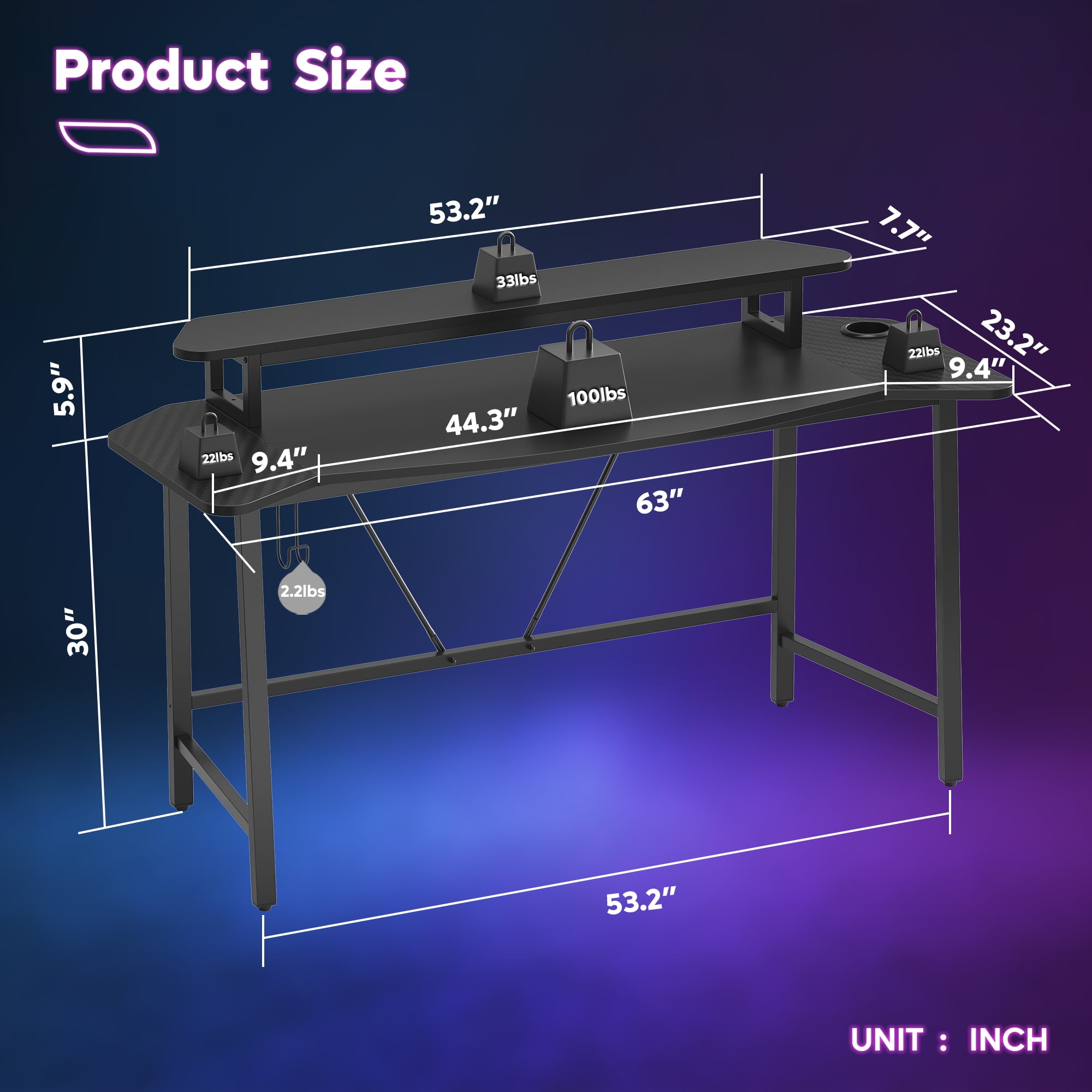 Bestier Gaming Desk 63" Ergonomic Computer Table with LED Lights Monitor Stand Cup Holder, Black - Image 2