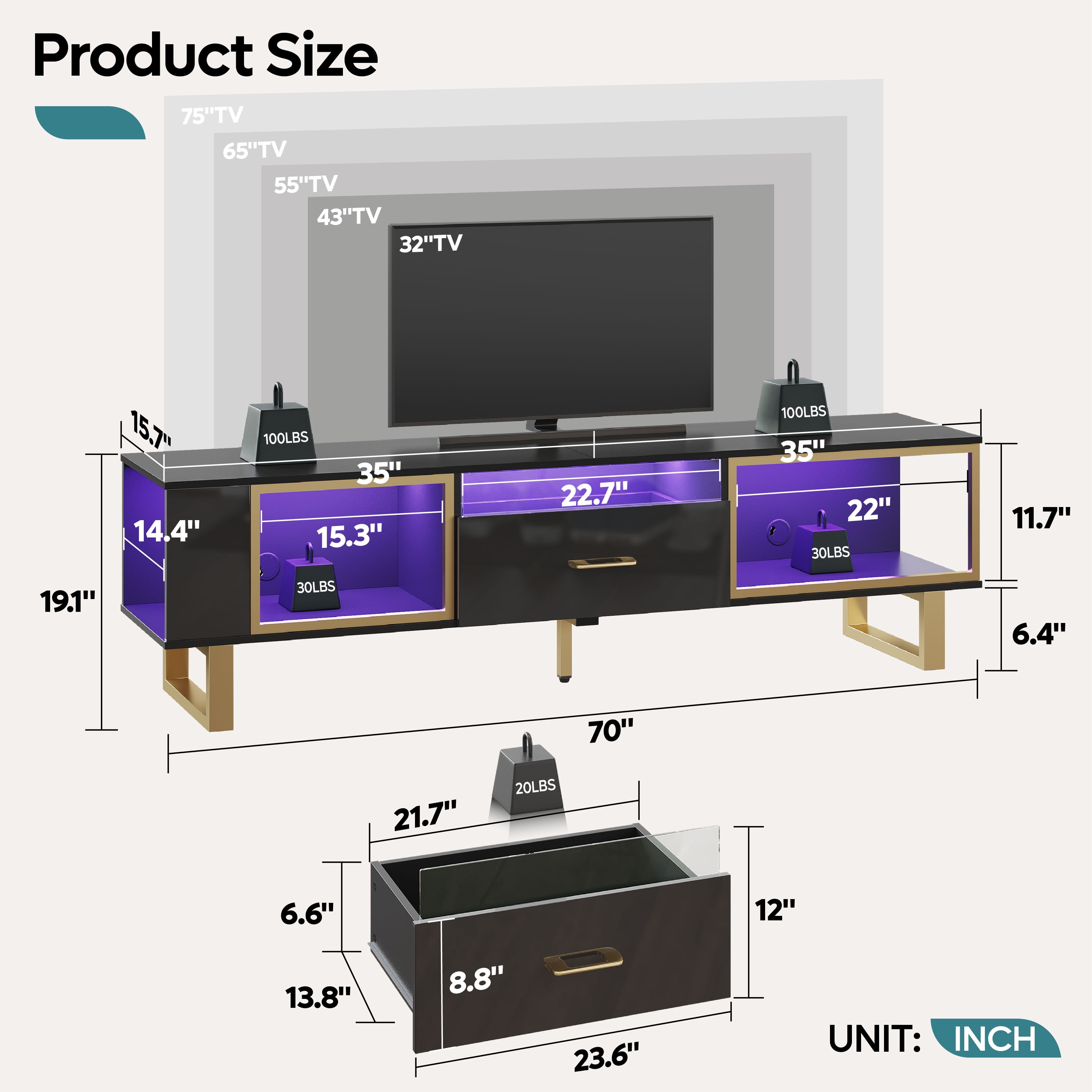 Bestier 70 Inch LED TV Stand for 75 Inch tv, High Gloss Modern Entertainment Center with Drawer & Storage , Black & Gold - Image 5