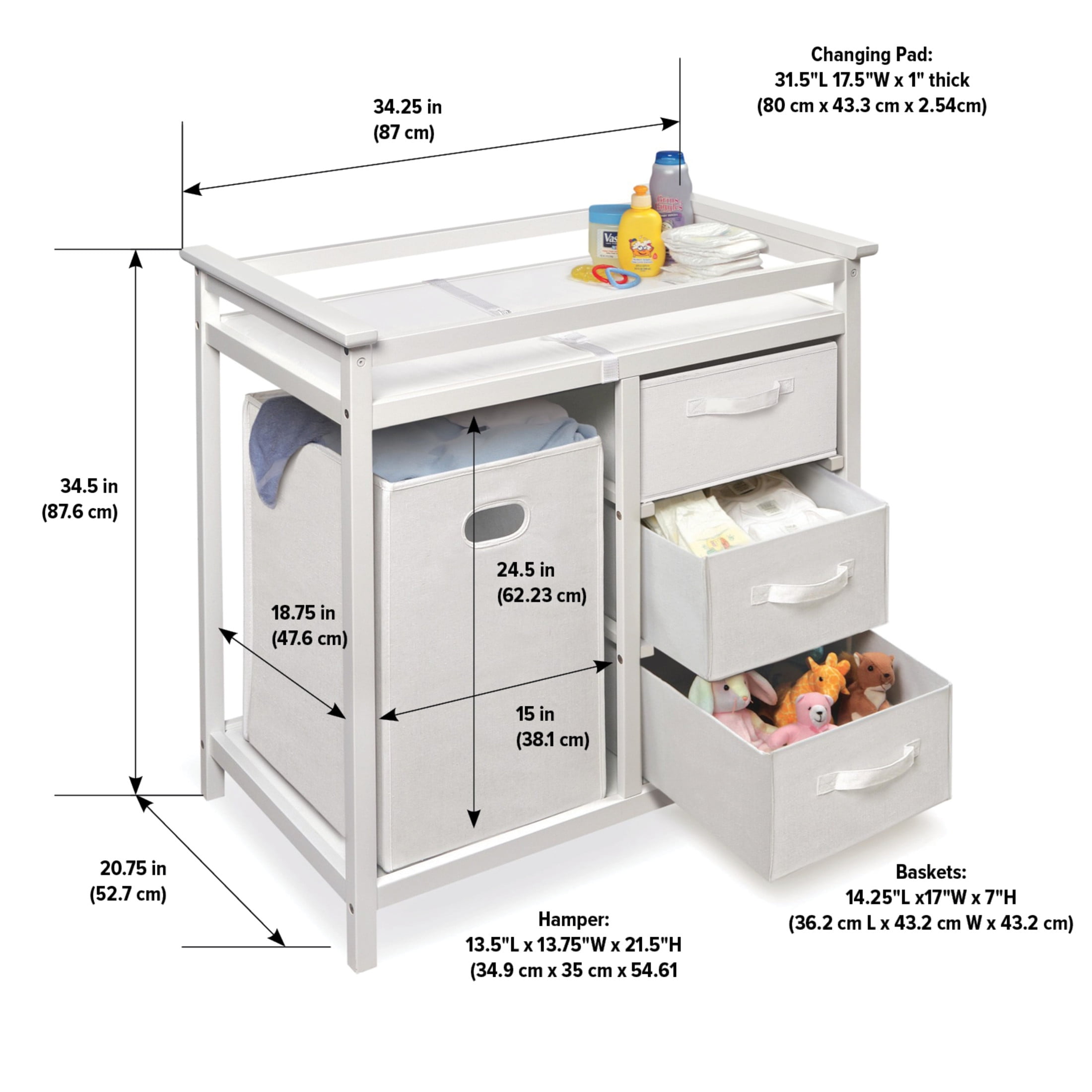 Badger Basket Modern Baby Changing Table with Hamper and 3 Baskets, White, Includes Pad - Image 5