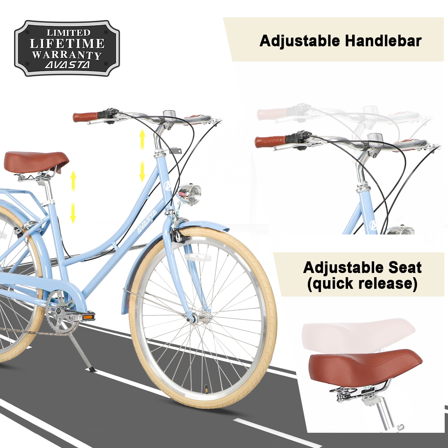 AVASTA Hybrid Bike for Women Female Lightweight Step Through 26 inch Hi-Ten Steel Frame City Commuter Comfort Lady Bicycle, 6-Speed, Color Blue with Beige Tires - Image 3