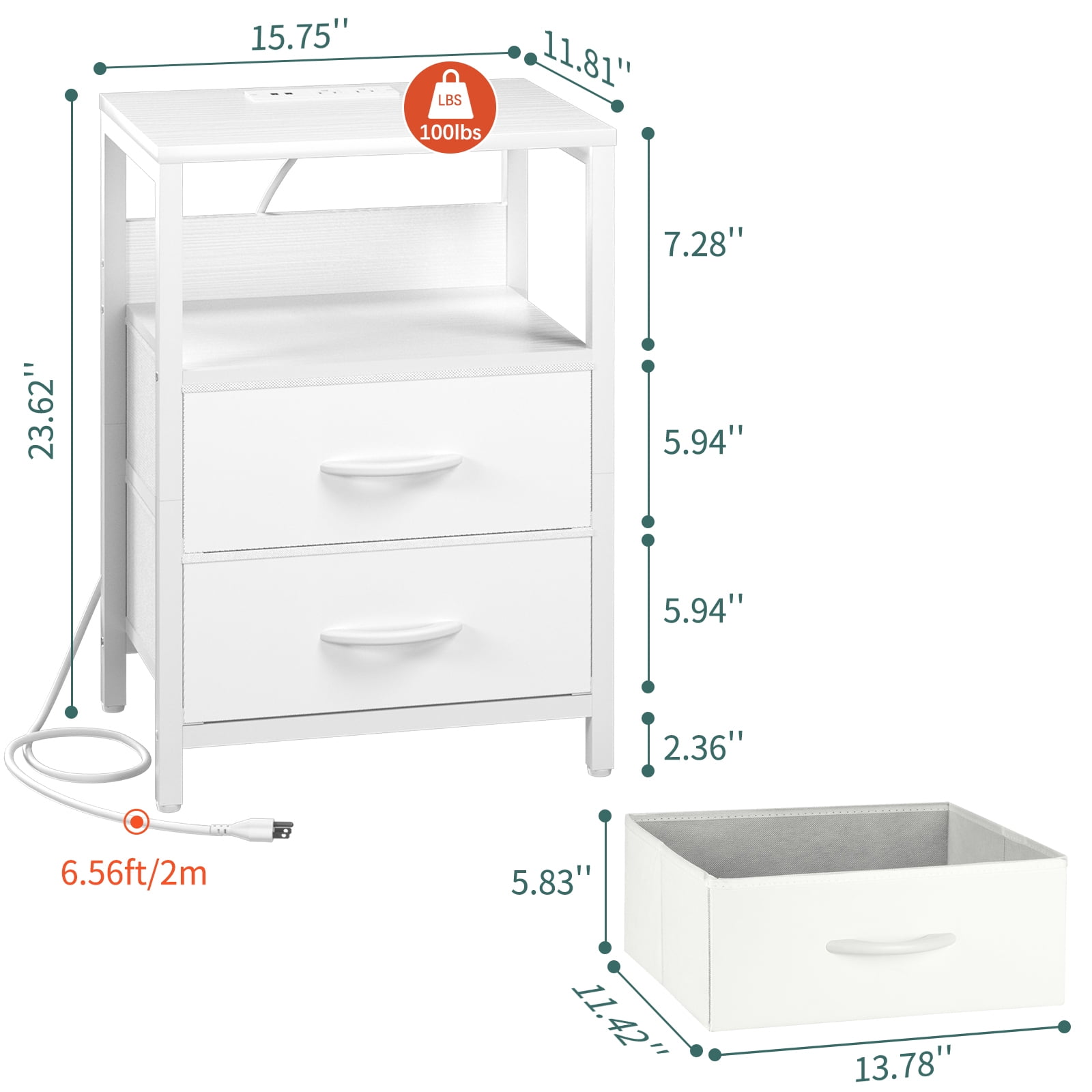 Nightstand with Charging Station, LED Night Stand with Fabric Drawers and Storage Shelf for Bedroom, Small Nightstands Bedside Tables with USB Ports & Outlets,White - Image 5