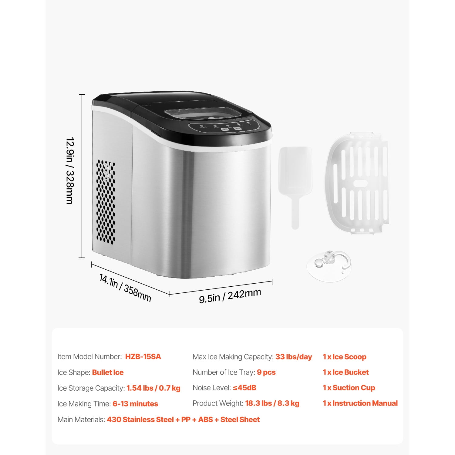 VEVOR Portable Countertop Ice Maker 33lbs/24H,Manual & Auto Refill Self-Cleaning with Scoop Basket,9 Cubes Ready in 7 Minutes, with Scoop and Basket 「00000000ABCDEFG」 - Image 4