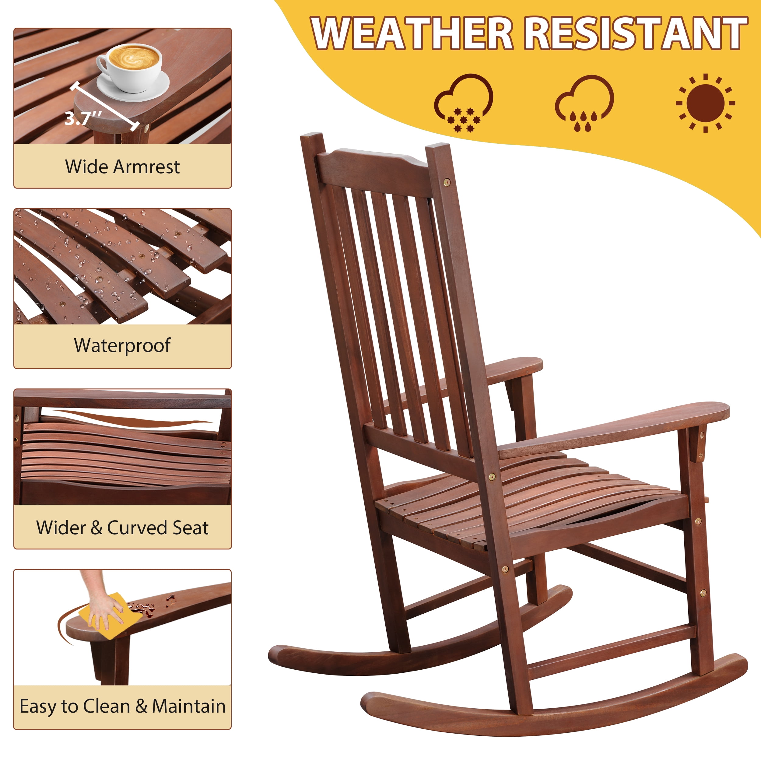 TrumanPick Outdoor Rocking Chair Wooden Porch Rocker for Adults Weather Resistant Finish, 25"W x 33"D x 45"H Brown-1Pack - Image 2