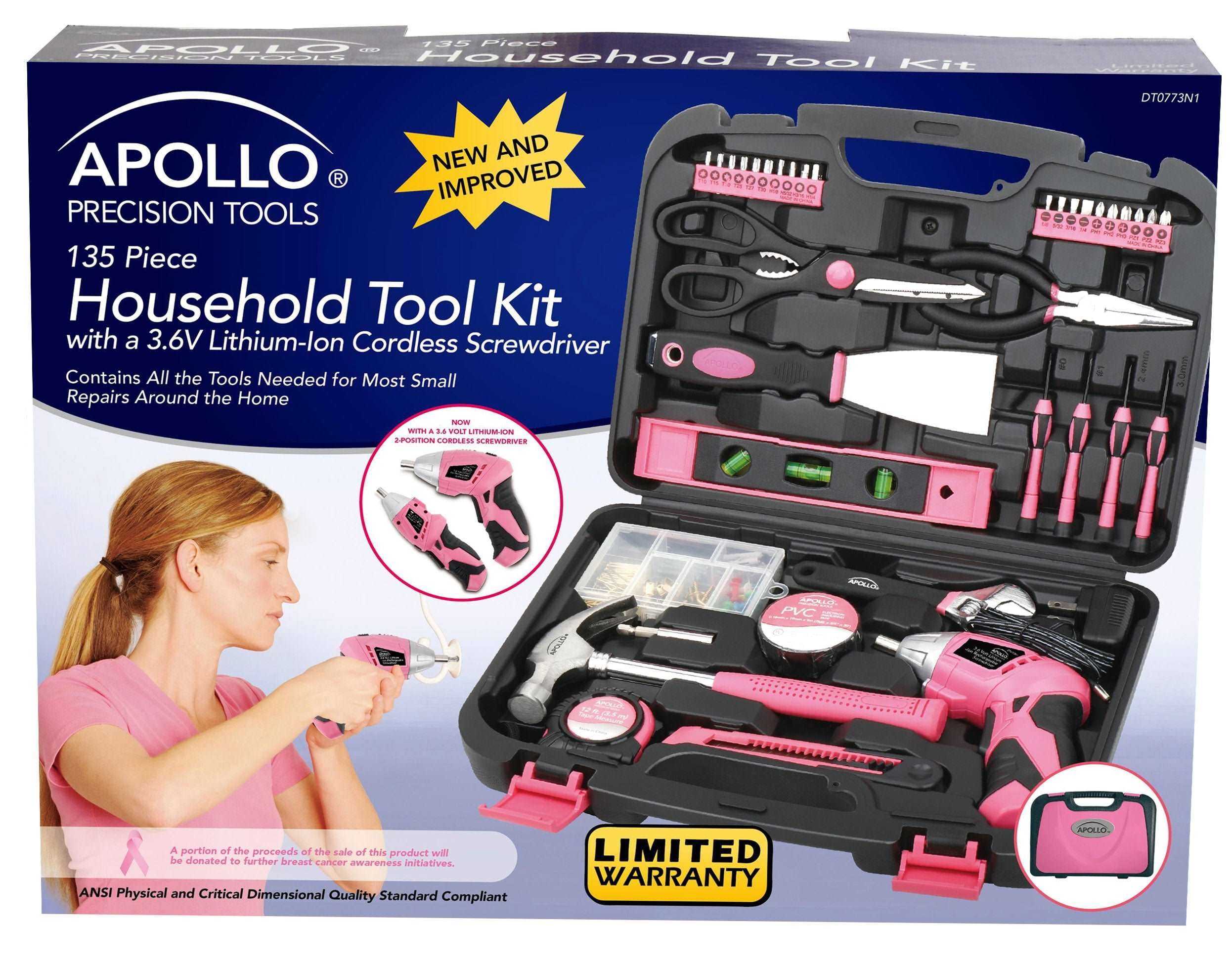 Apollo Tools 135 Piece Household Tool Kit Pink with Pivoting Dual-Angle 3.6 Volt Lithium-Ion Cordless Screwdriver - DT0773N1 - Image 8