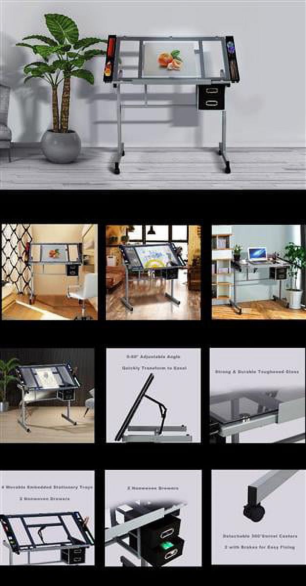Renwick Adjustable Drafting Table with Tempered Glass and Storage Drawers - Image 2