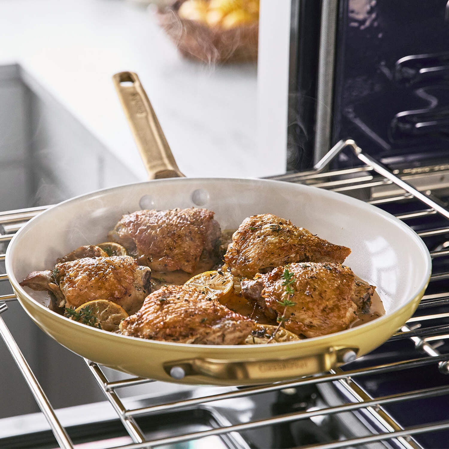 GreenPan Reserve Ceramic Nonstick 12" Frypan with Helper Handle and Lid | Sunrise with Gold-Tone Handles - Image 9