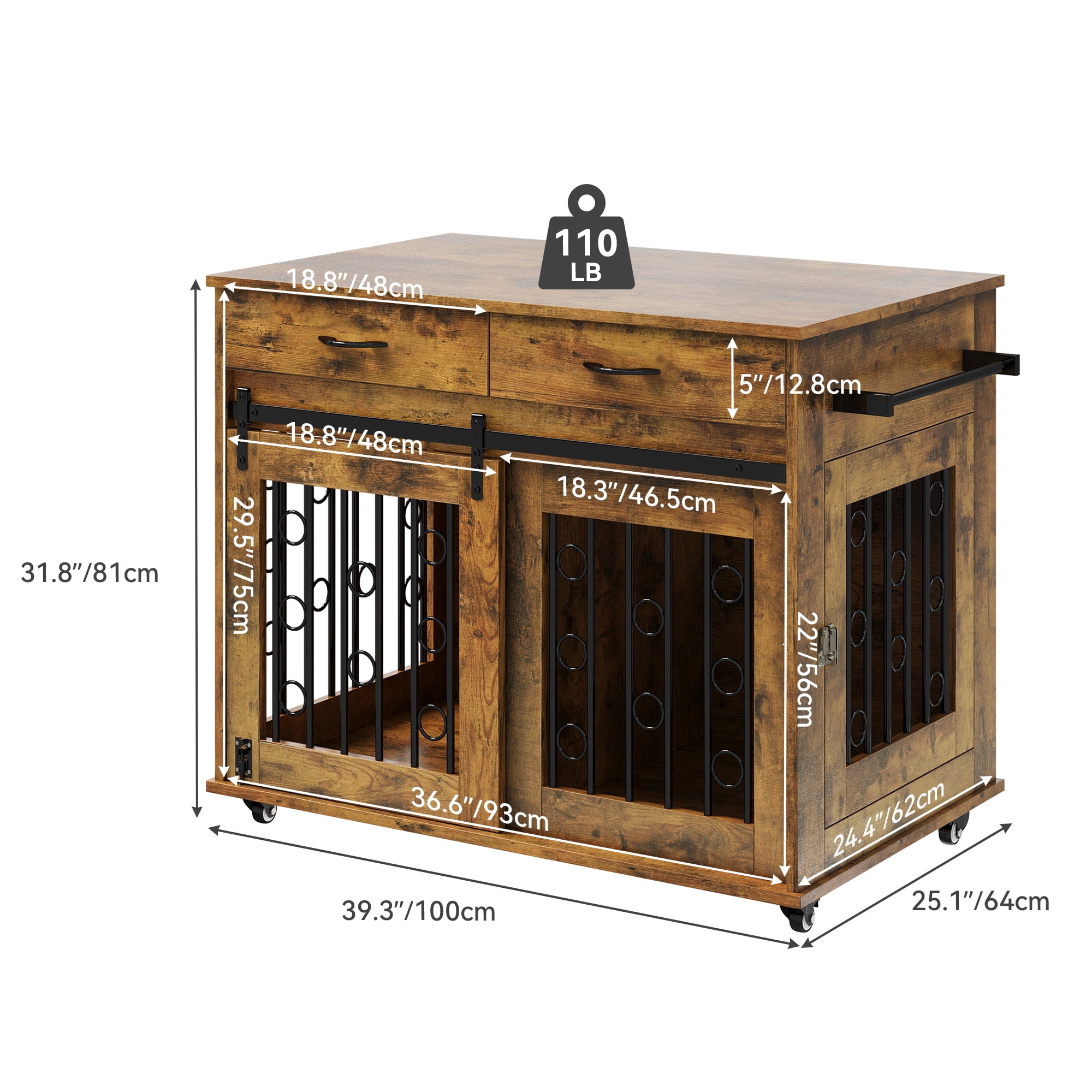 DEXTRUS Wooden Indoor Dog Crate Furniture with Divider and Drawers, Brown - Image 3
