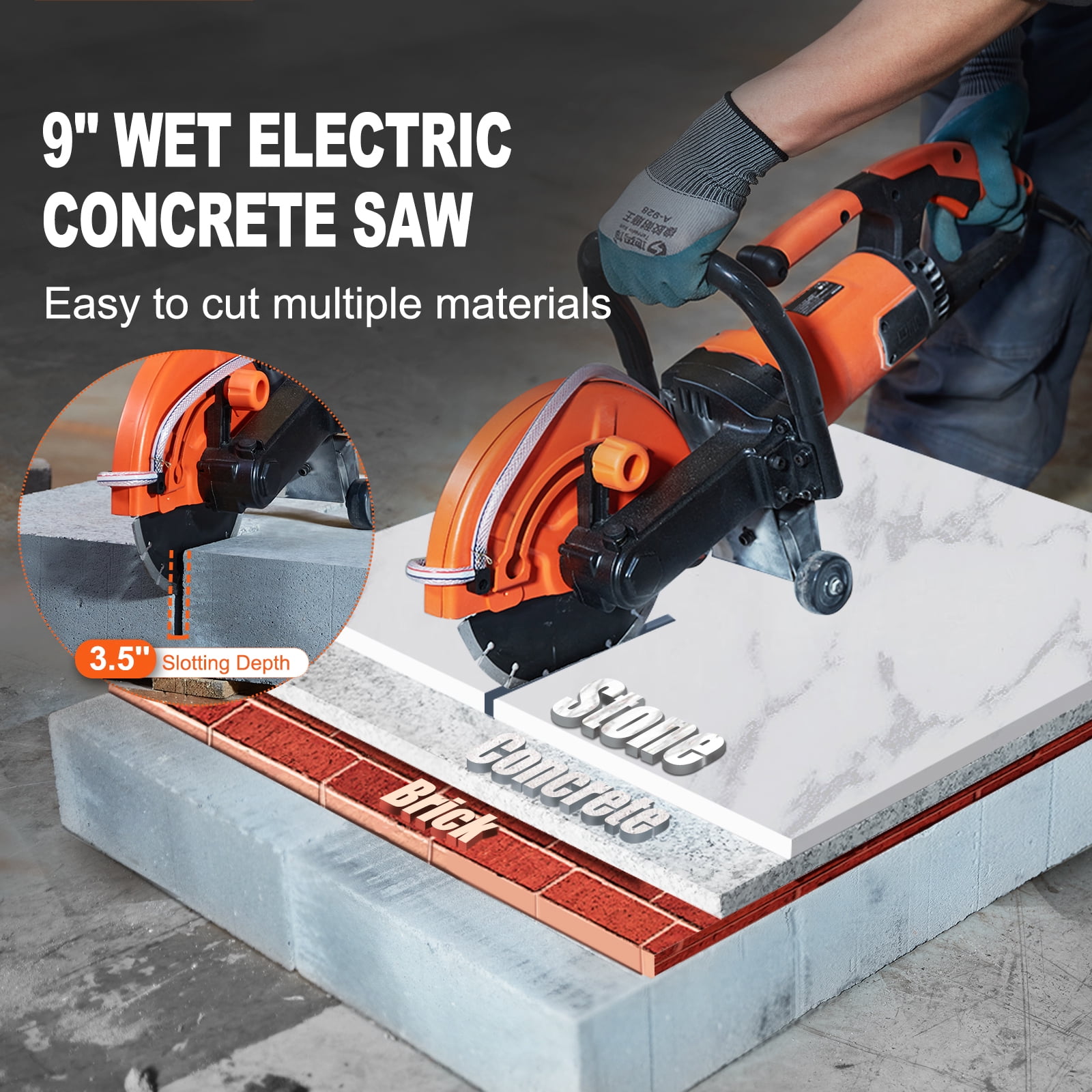 KFFKFF Electric Concrete Saw, 9-inch, 1800W Motor with 3.5-inch Cutting Depth, Wet/Dry Circular Saw with Water Line, Pump, and Blade for Cutting Stone and Brick - Image 4