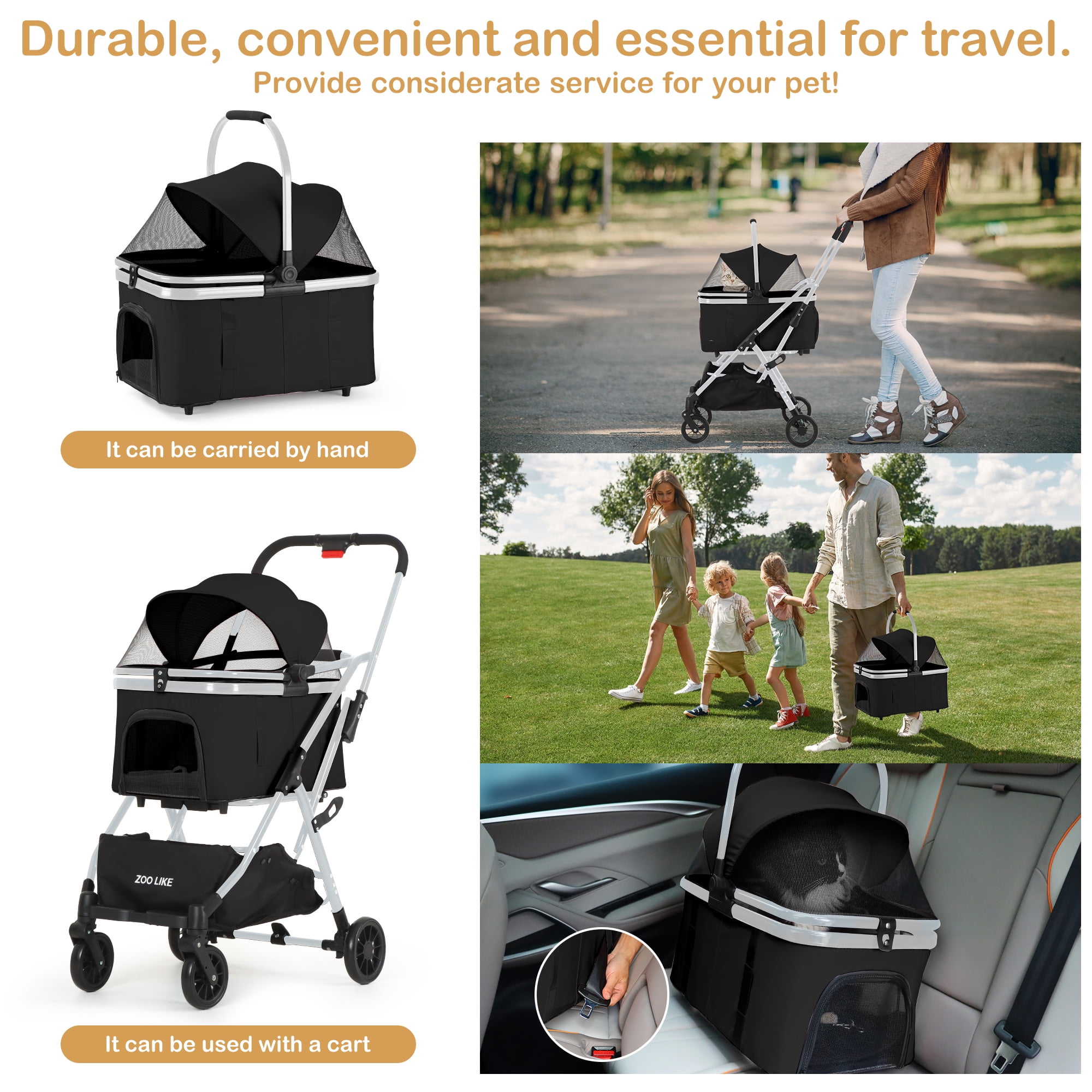 Zoolike Pet Stroller, Dog Cat Stroller 3-in-1 Detachable Doggy Stroller for Small Medium Dogs 4 Wheel Dog Travel Jogger Cart Cat Walker Foldable Wagons for Doggy Rabbit Puppy, Black - Image 2
