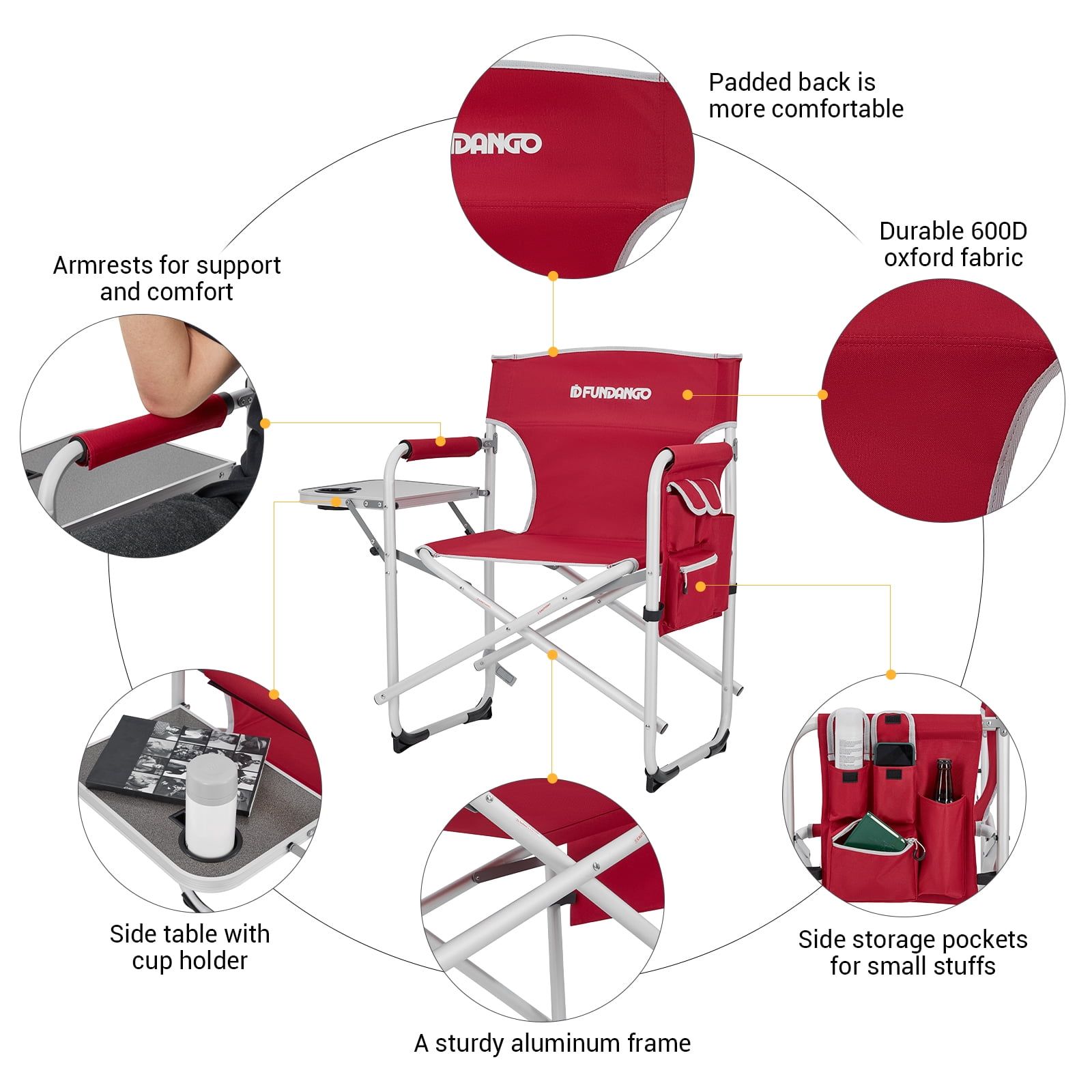 FUNDANGO Heavy Duty Folding Camping Director Chair for Adults, Supports to 264lbs,Red - Image 3