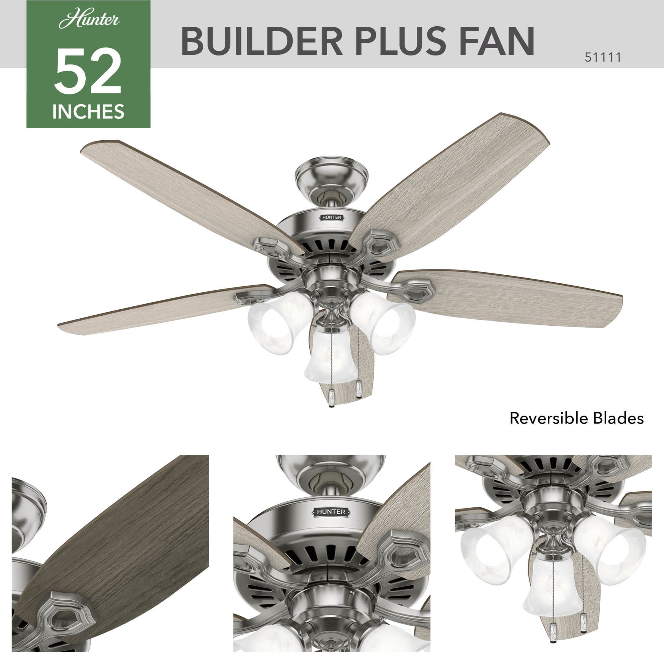 Hunter - Builder Indoor Ceiling Fan With Light, 52-inch, Brushed Nickel, Traditional-style, 3-speed WhisperWind Motor, 51111, for Living Rooms, Bedrooms - Image 9