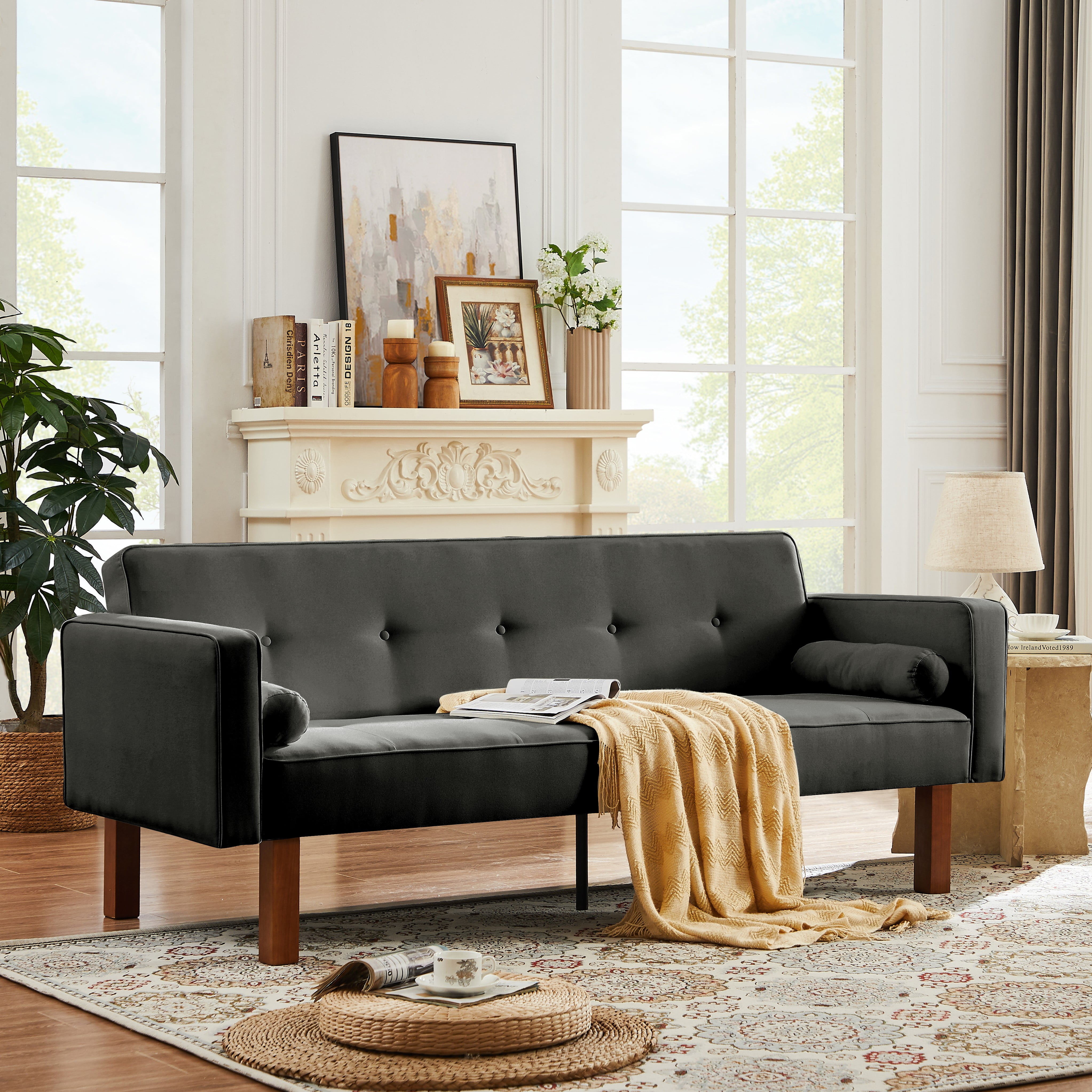 Futon Sofa Bed Convertible Couch Bed with Armrests,Modern Living Room Fabric Linen Sofa Bed,Folding Recliner Futon Couch Sleeper Set,Dark Gray - Image 3