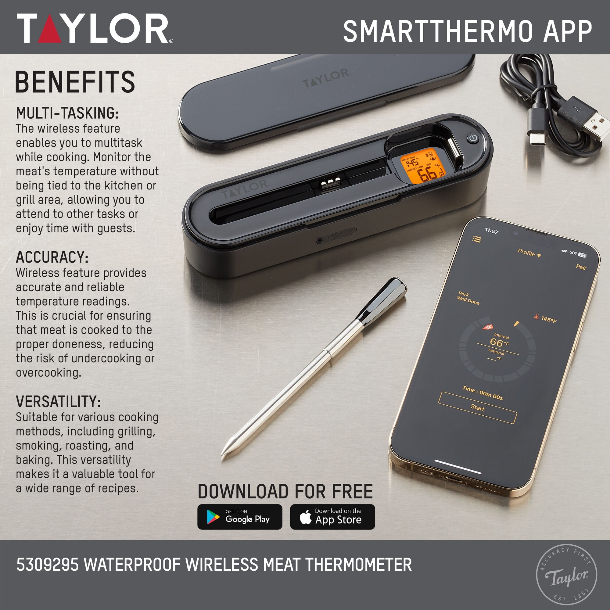 Taylor Waterproof Bluetooth Digital Wireless Grill and Meat Thermometer with Smart Probe Black - Image 16