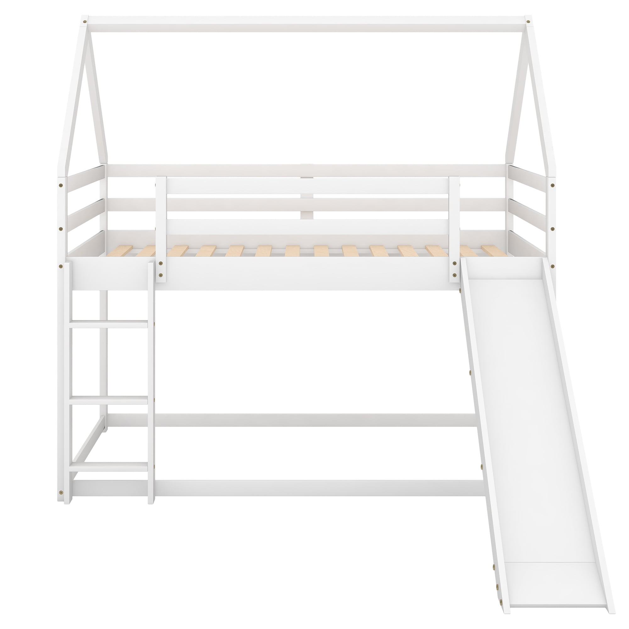 Aukfa Low Bunk Bed, Twin-Over-Twin House Bed Frame for Kids with Slide - White - Image 5