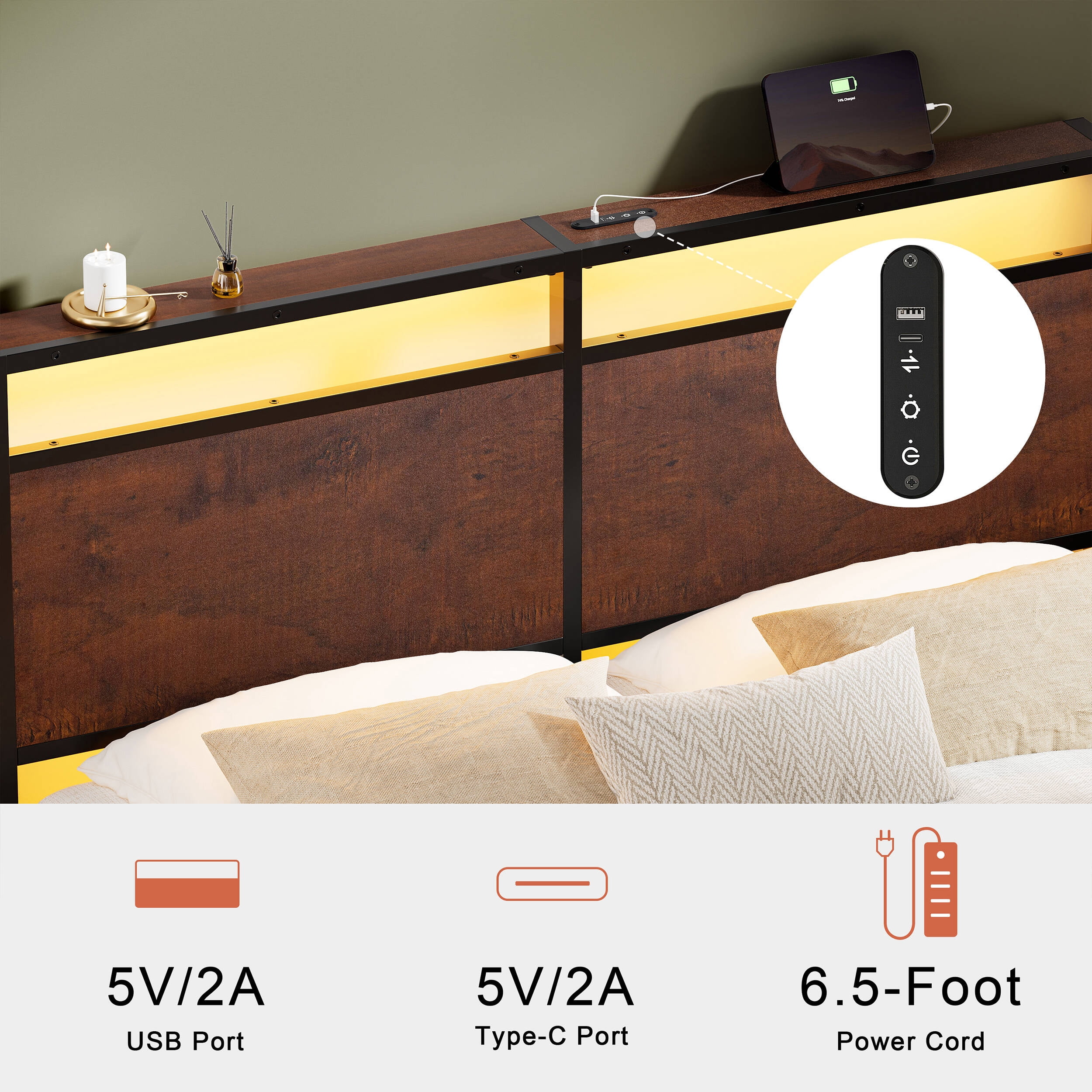 GUNAITO Queen Bed Frame with Headboard Metal Platform Bed with LED Lights and Charging Station, Rustic Brown - Image 5
