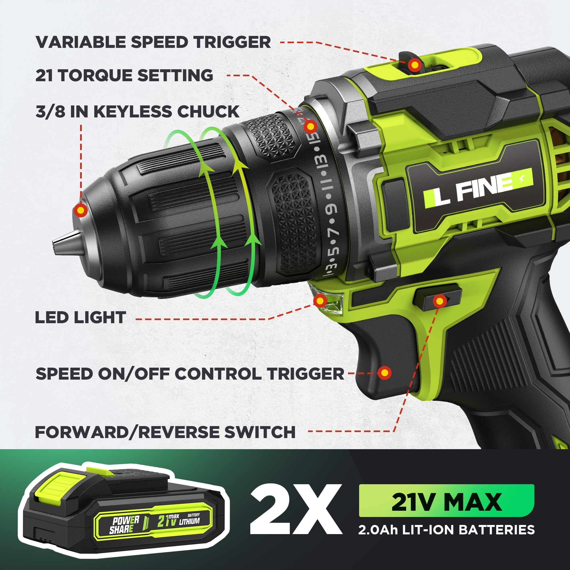 ATUPEN Cordless Drill Set, 21V Electric Power Drill with Battery and Charger for Women, 3/8" Keyless Chuck - Image 7