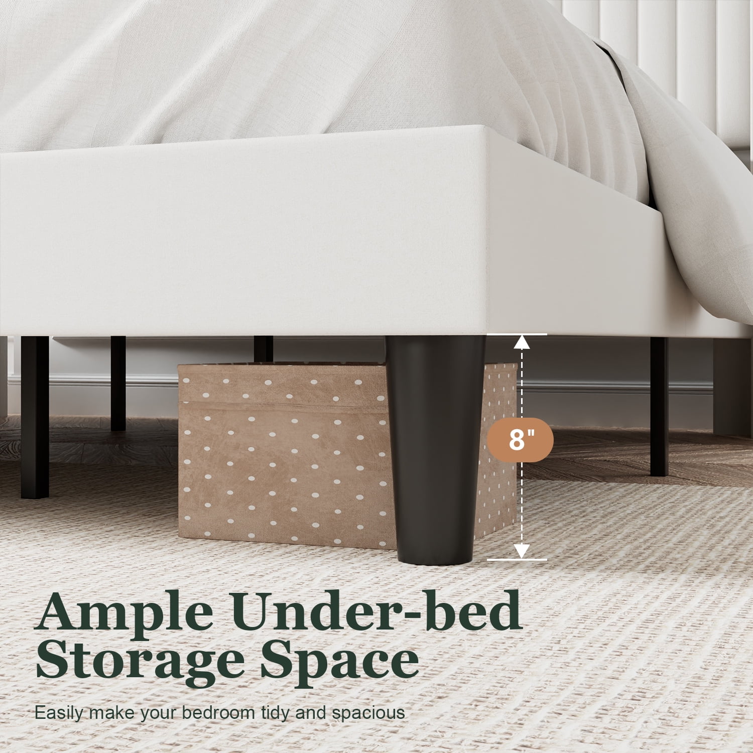 Amolife Queen Size Velvet Upholstered Bed with Wingback Headboard, Off-white - Image 3