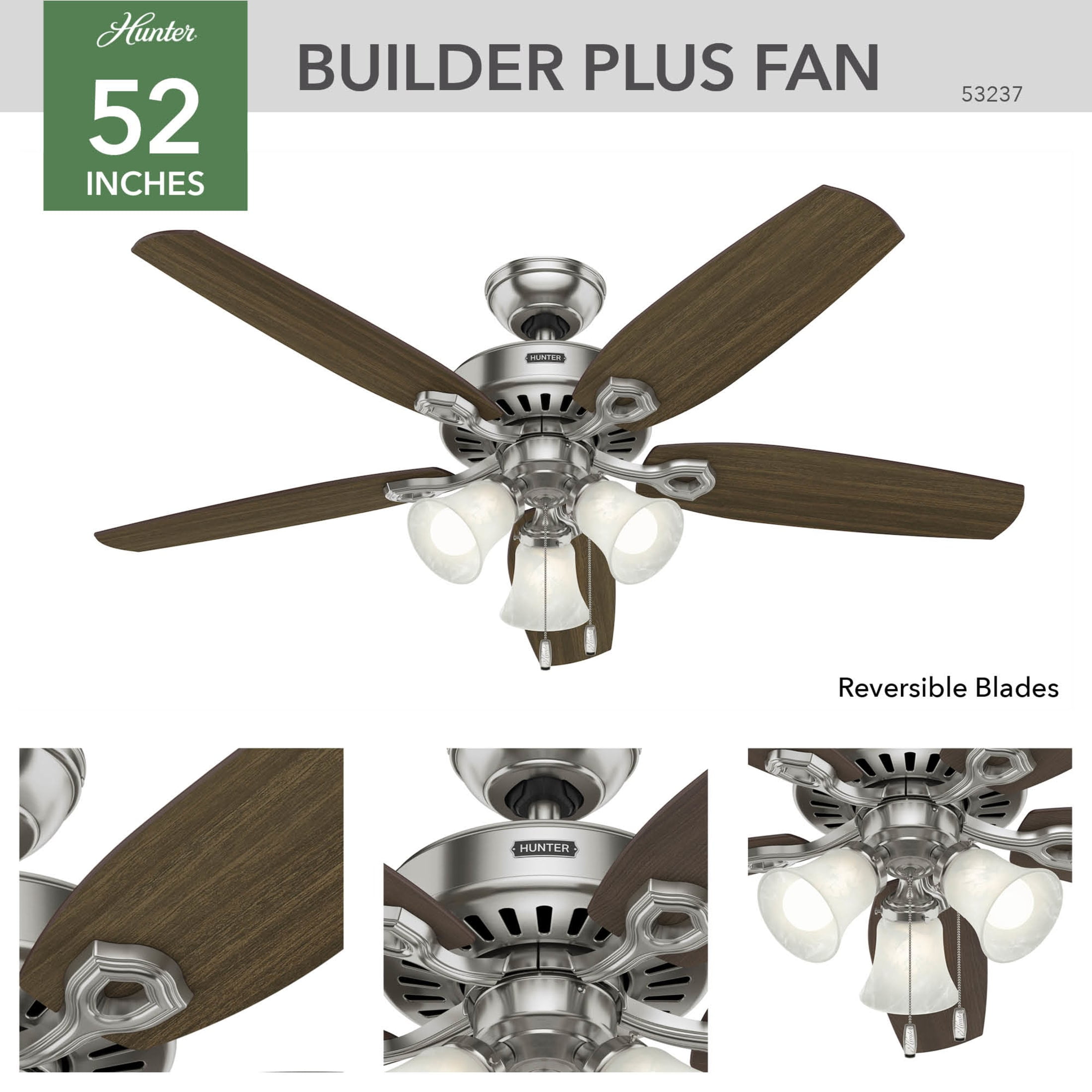 Hunter - Builder Indoor Ceiling Fan With Light, 52-inch, Brushed Nickel, Traditional-style, 3-speed WhisperWind Motor, 53237, for Living Rooms, Bedrooms - Image 7