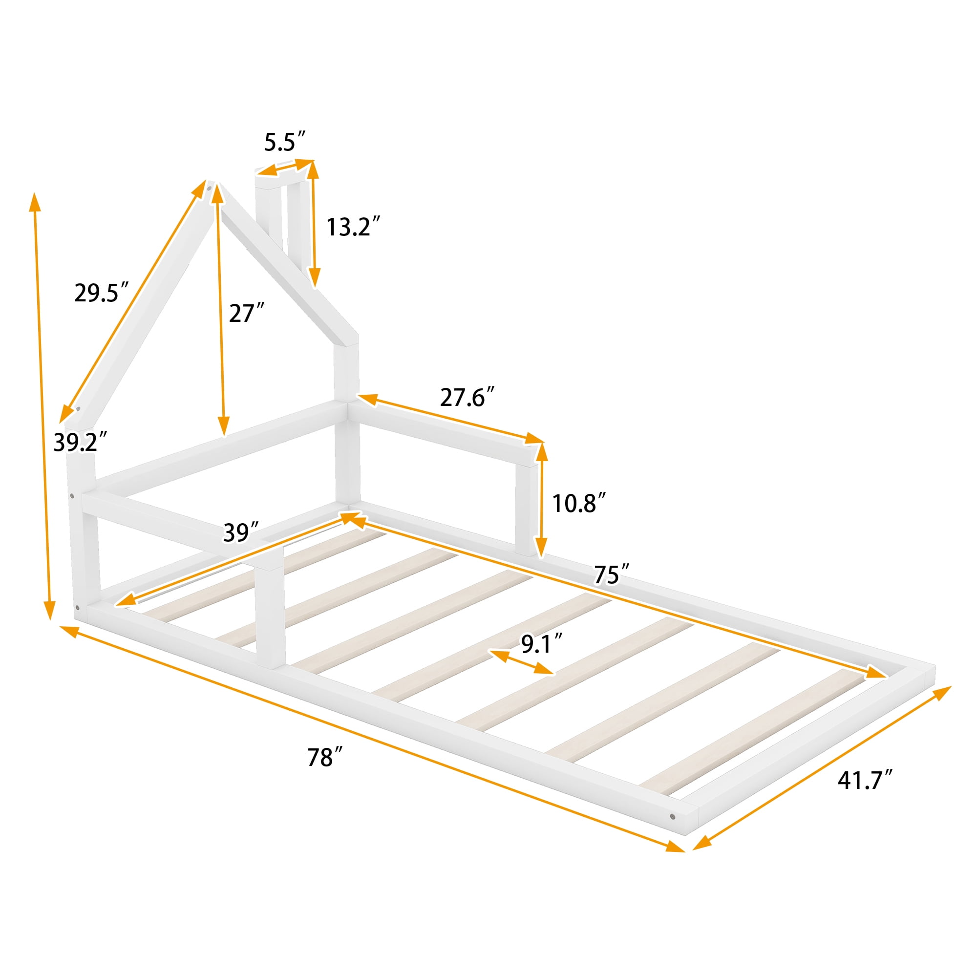 Euroco Twin Size Wood Floor Bed for Kids Room, White - Image 9