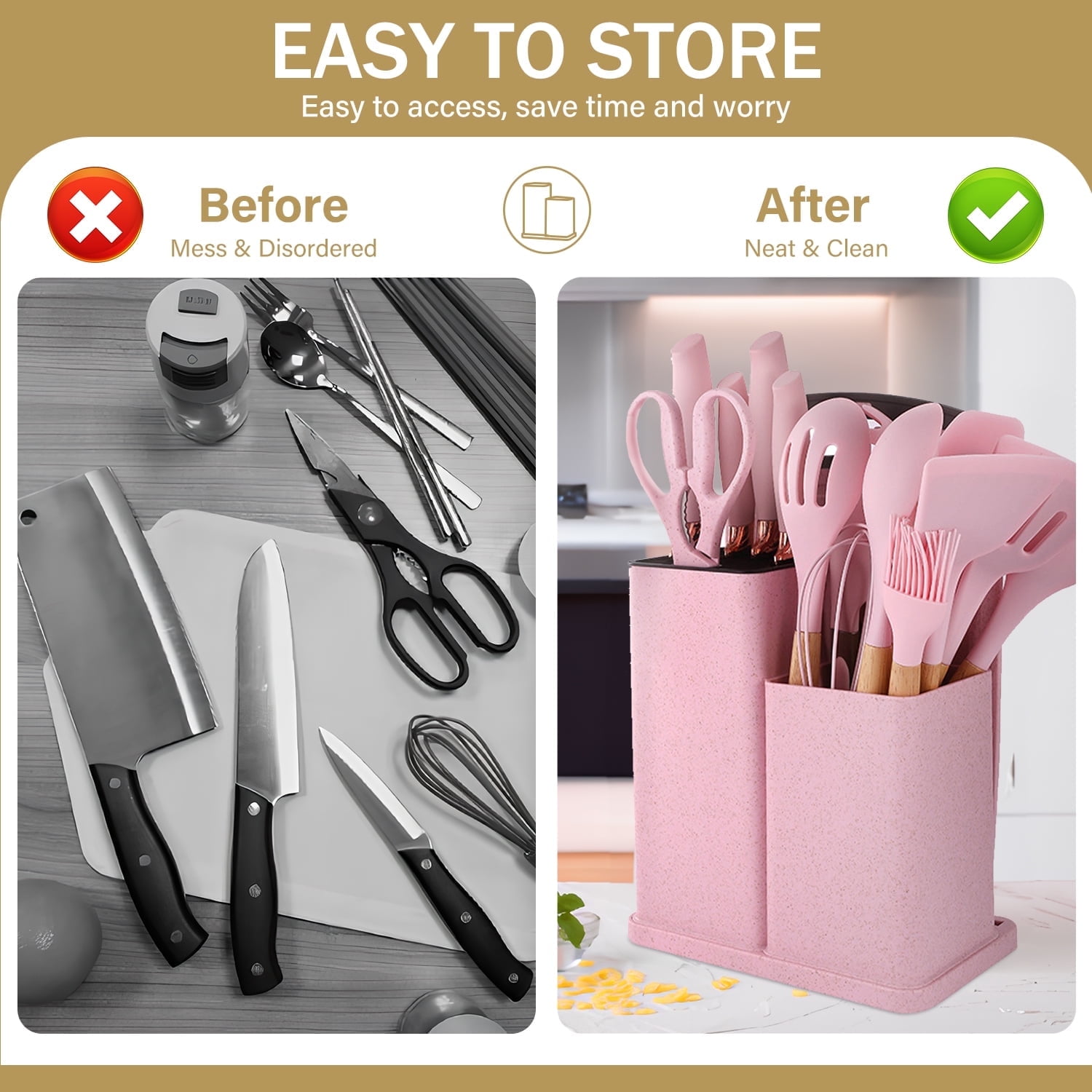 ACMETOP 19 Pieces Kitchen Utensils Set-11 Silicone Cooking Utensils Set, 6 Stainless Steel Sharp Knife set, 2 Cutting Board and Holder (Pink) - Image 9