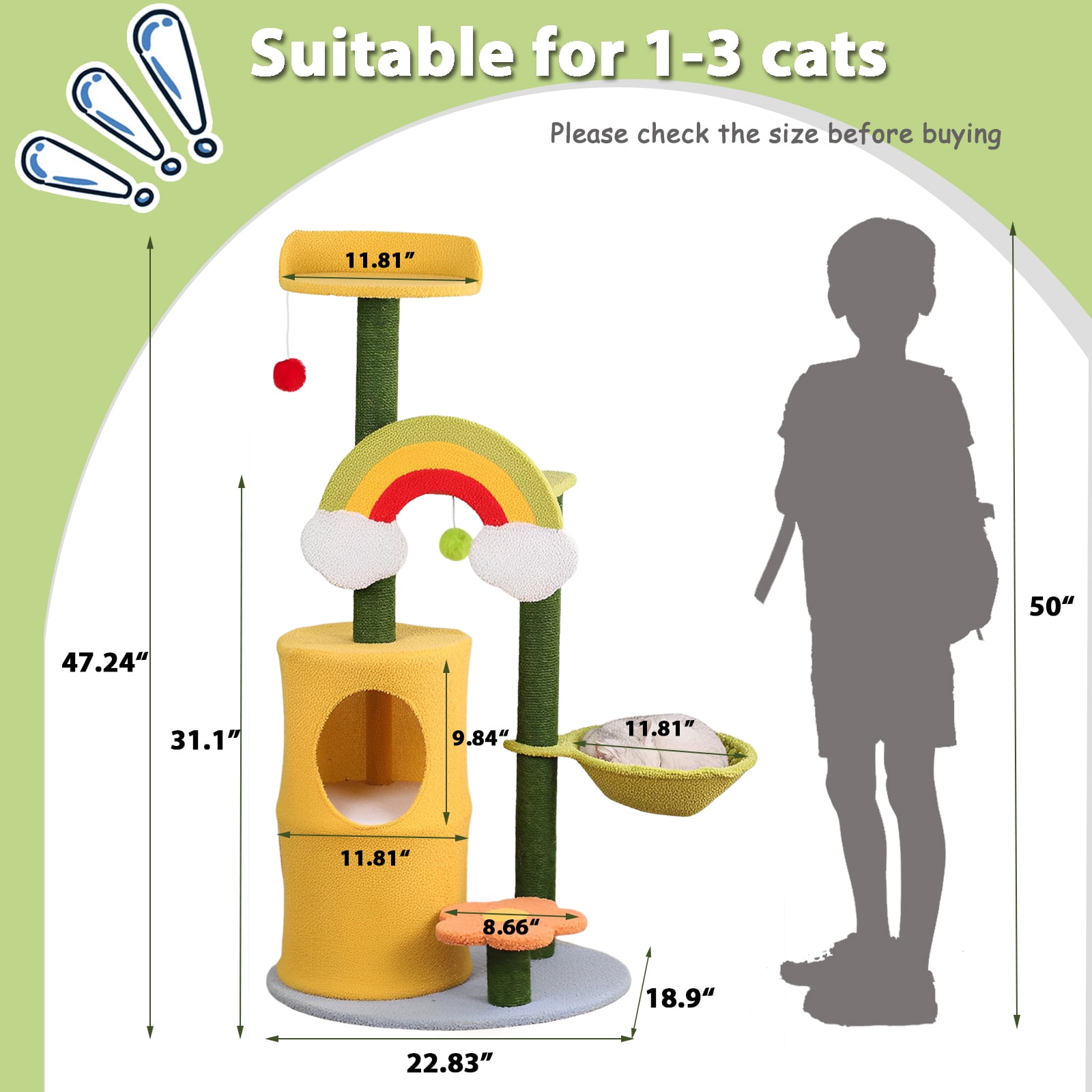LitaiL 47"H Cat Tree with Scratching Posts, Rainbow Cat Tower with Double Cat Condos and Hanging Balls, Cat Furniture for Indoor Kittens - Image 6