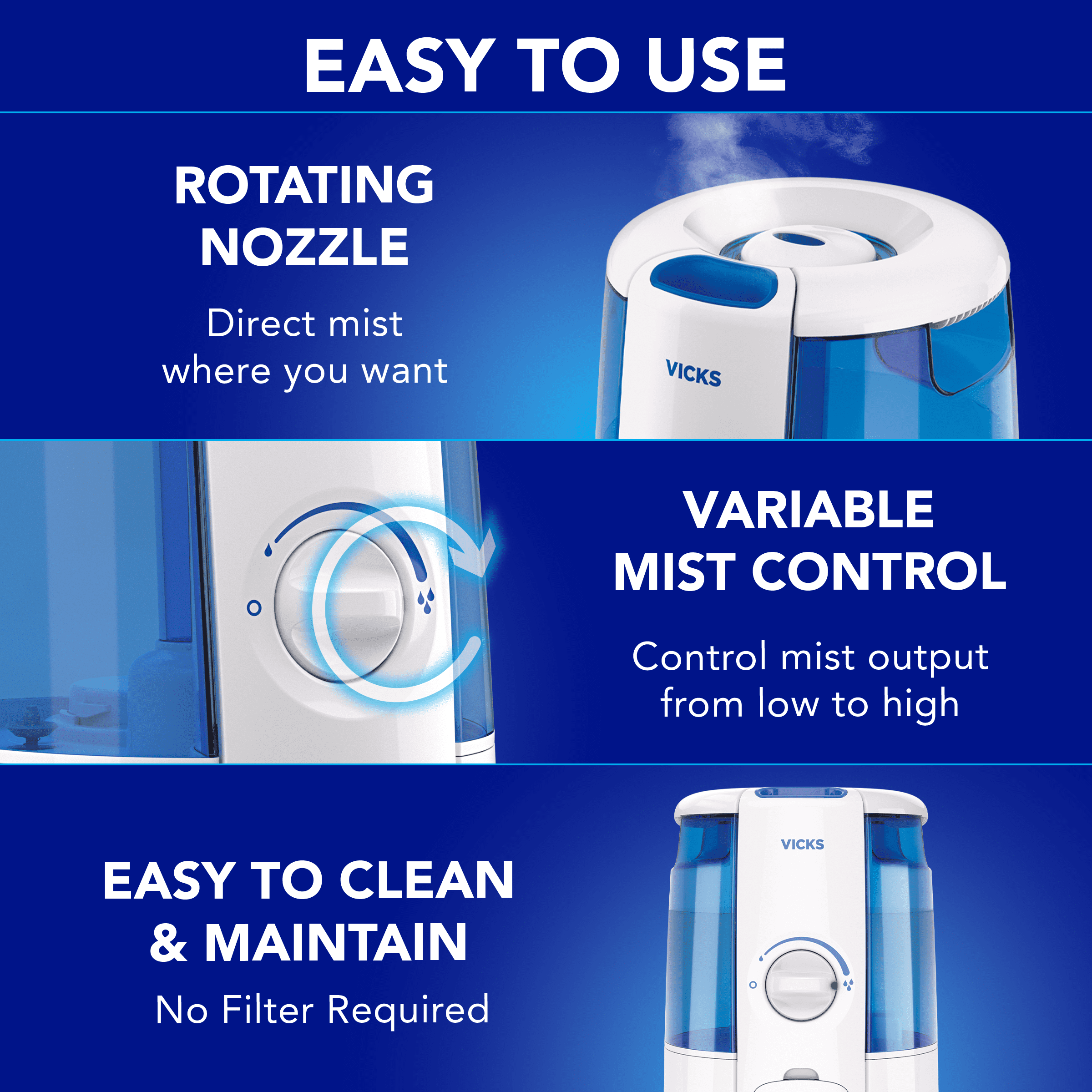 Vicks 1.2 Gallon Cool Relief Filter Free Ultrasonic Humidifier, 400 sq ft, VUL600 - Image 4