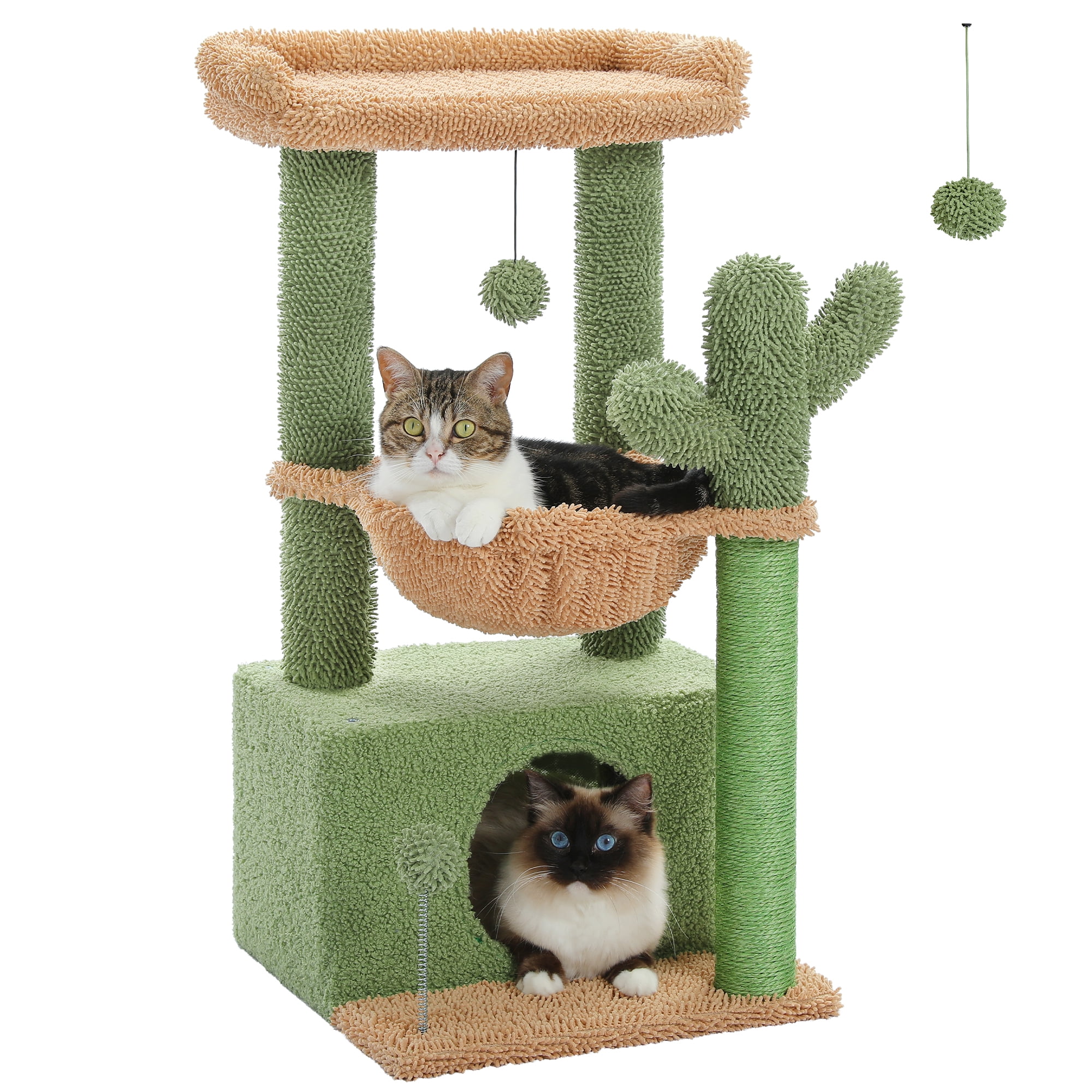 PAWZ Road Cat Tree 33" Cute Cactus Cat Scratching Posts Tower with Large Top Perch and Hammock for Medium Indoor Cats, Green - Image 3