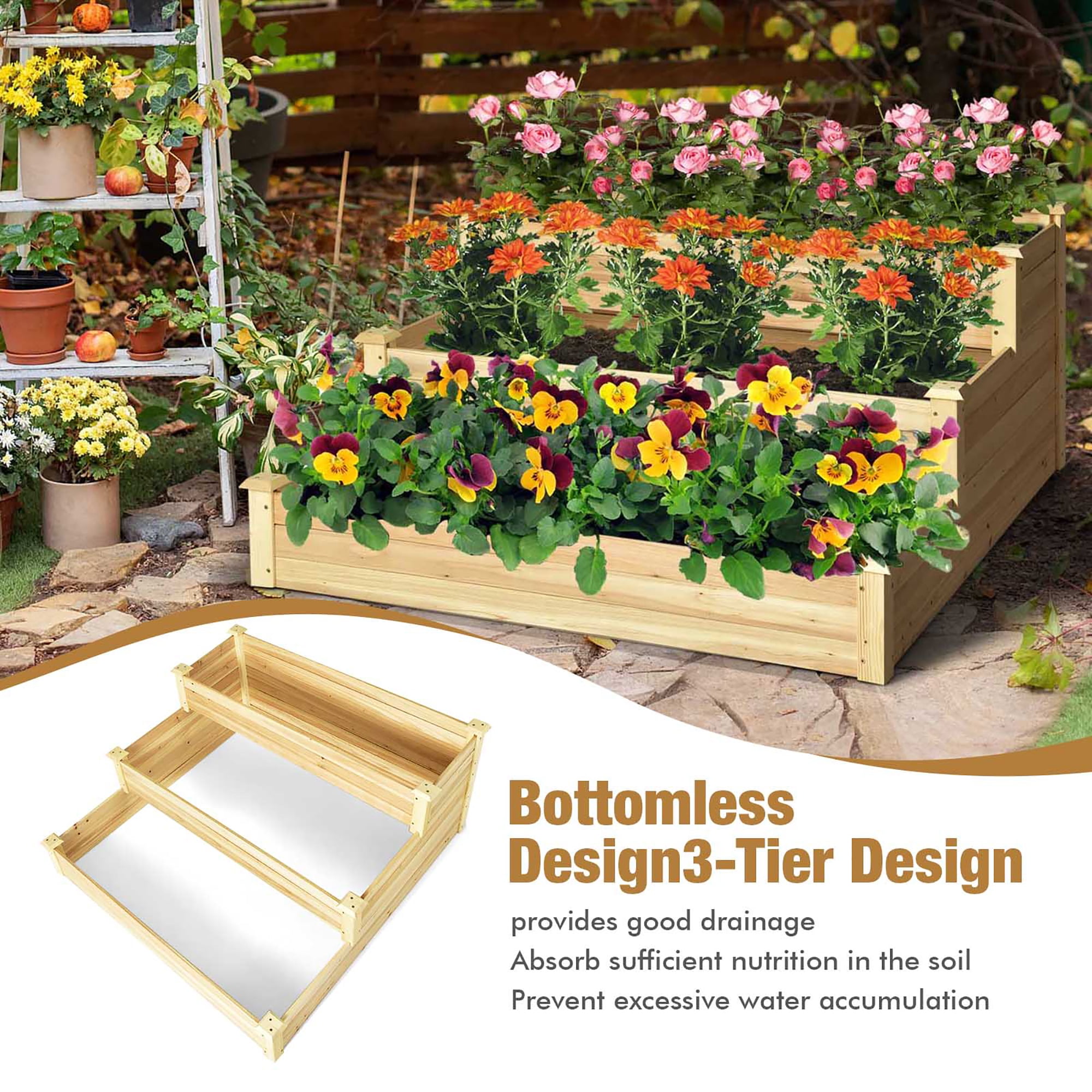 Costway 3-Tier Raised Garden Bed Wood Planter Kit for Flower Vegetable Herb 48x 48x 22in - Image 5