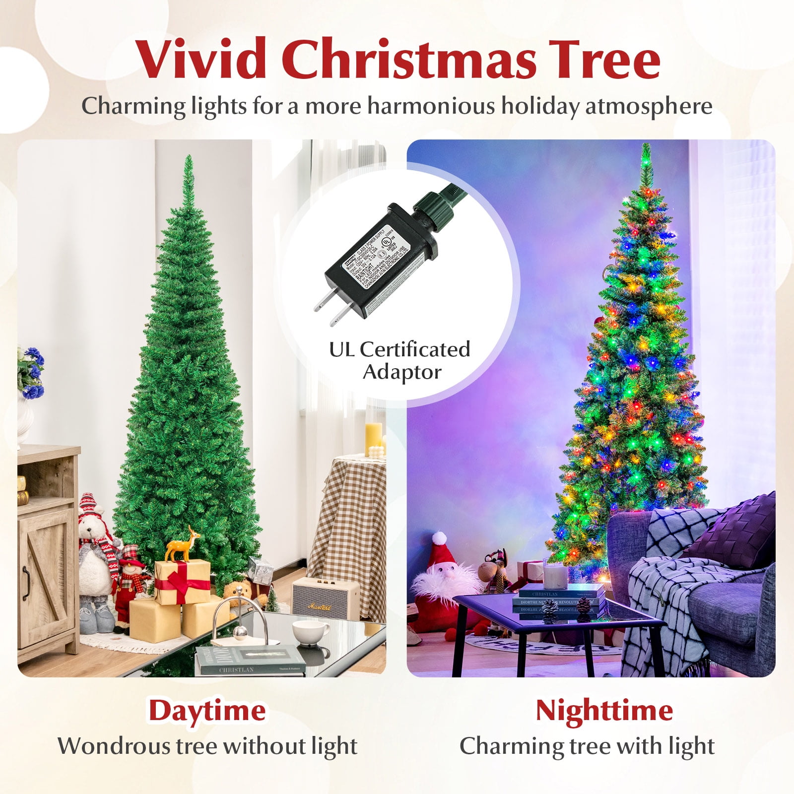 Costway 6.5ft Pre-Lit Hinged Pencil Christmas Tree 250 Multicolor Lights - Image 6