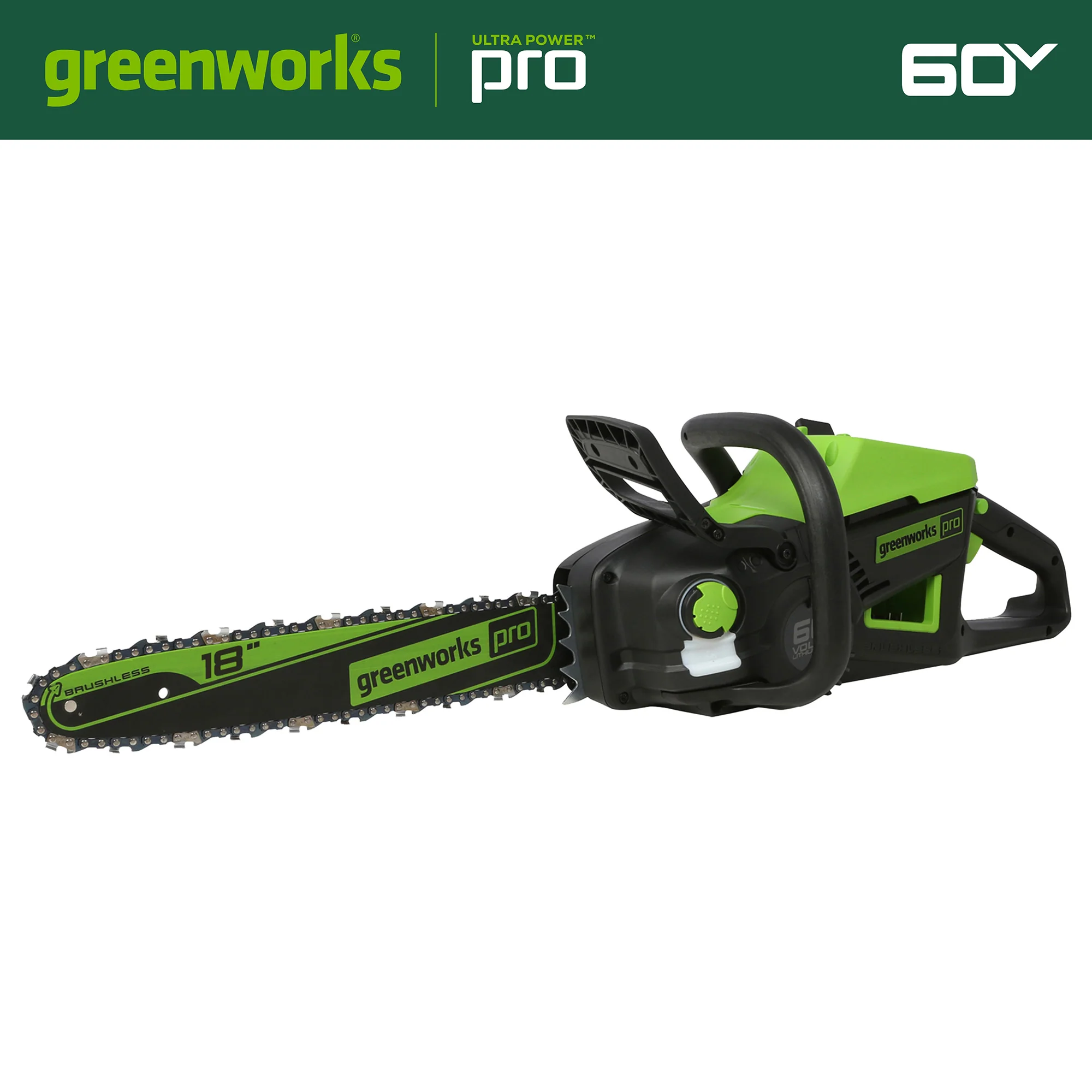 Greenworks 60V 18 Cordless Chainsaw, 4.0Ah Battery and Charger Included","features":"Anti-Vibration","Automatic Chain Oiler","Bumper Spikes","Chain Brake","Chain Catcher","Tool-less Chain Tensioning" - Image 4