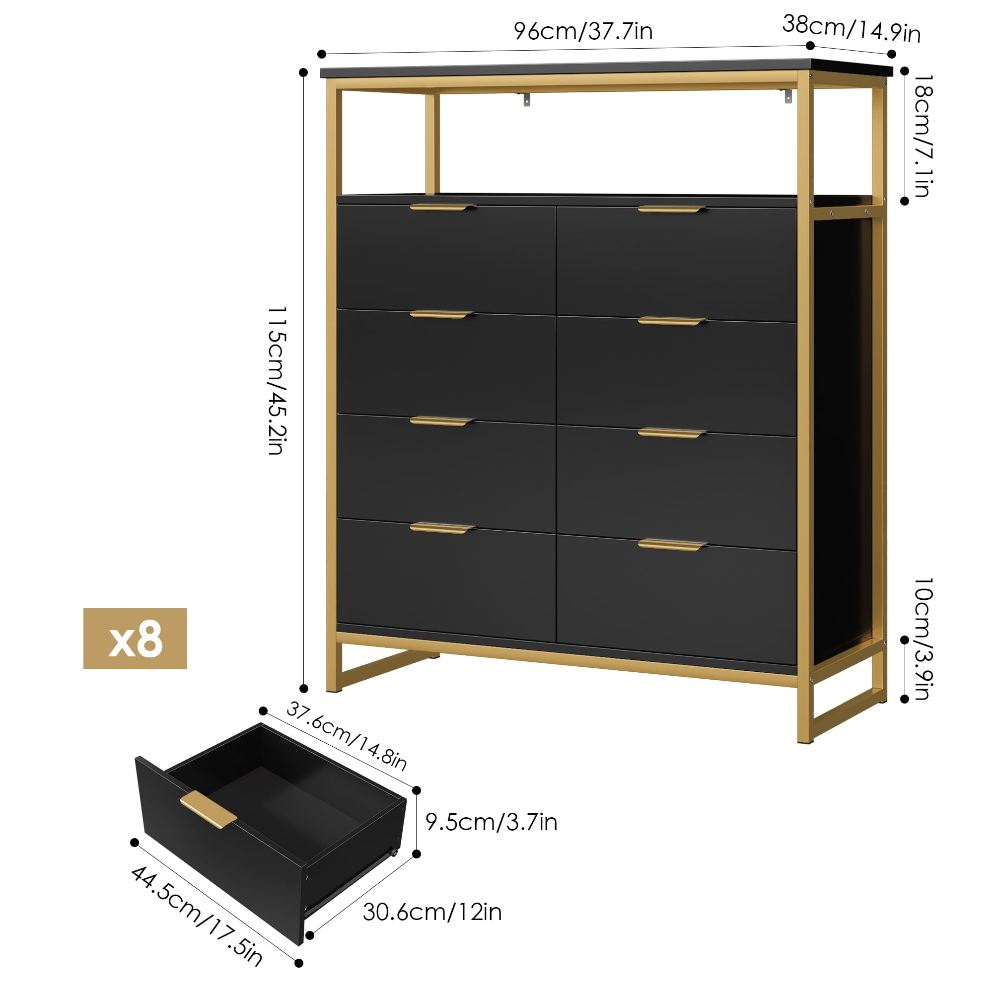 Homfa 8 Drawer Dresser for Bedroom, Modern Chest of Drawer, Wood Storage Cabinet with Shelf for Living Room, Black Gold - Image 2