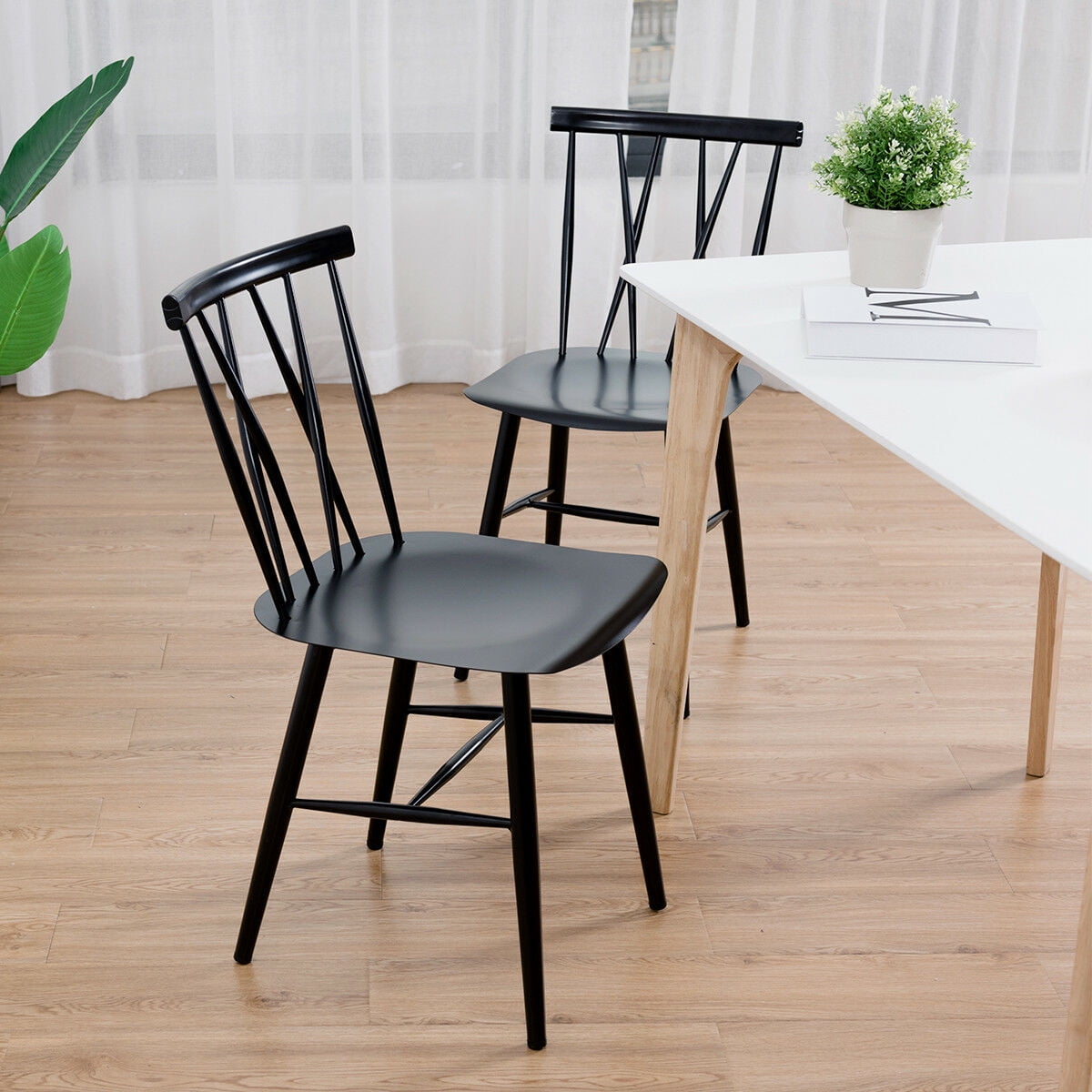Costway Set of 2 Dining Side Chairs Chairs Armless Cross Back Kitchen Bistro Caf - Image 2