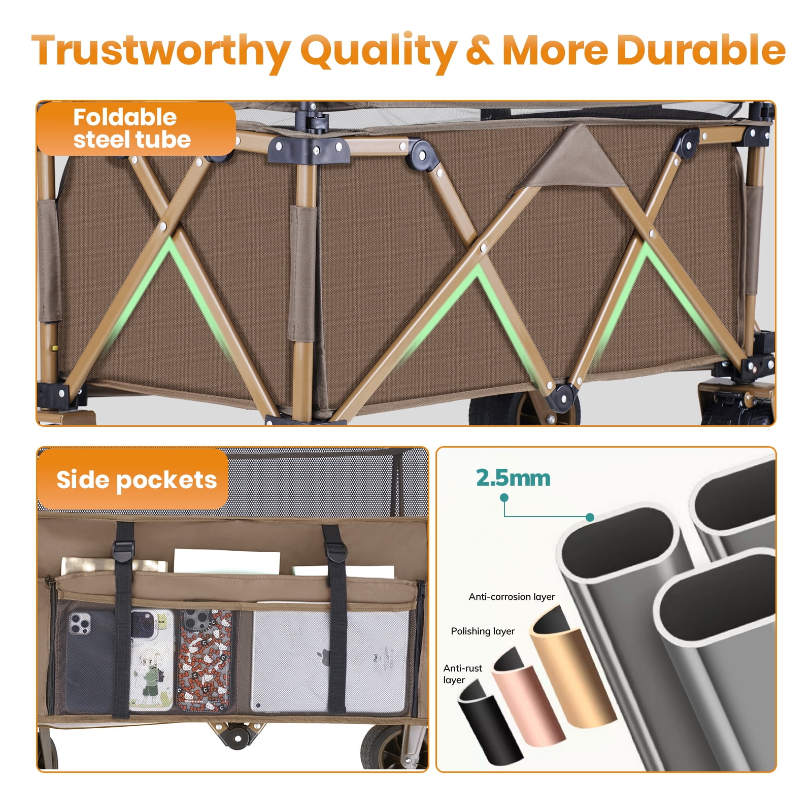 Collapsible Camping Beach Wagon, VECUKTY 350L Garden Cart, Heavy Duty Utility Fold Wagon with Big Wheel & Side Pickets for Garden, Camping, Sport, Shopping, Brown - Image 10