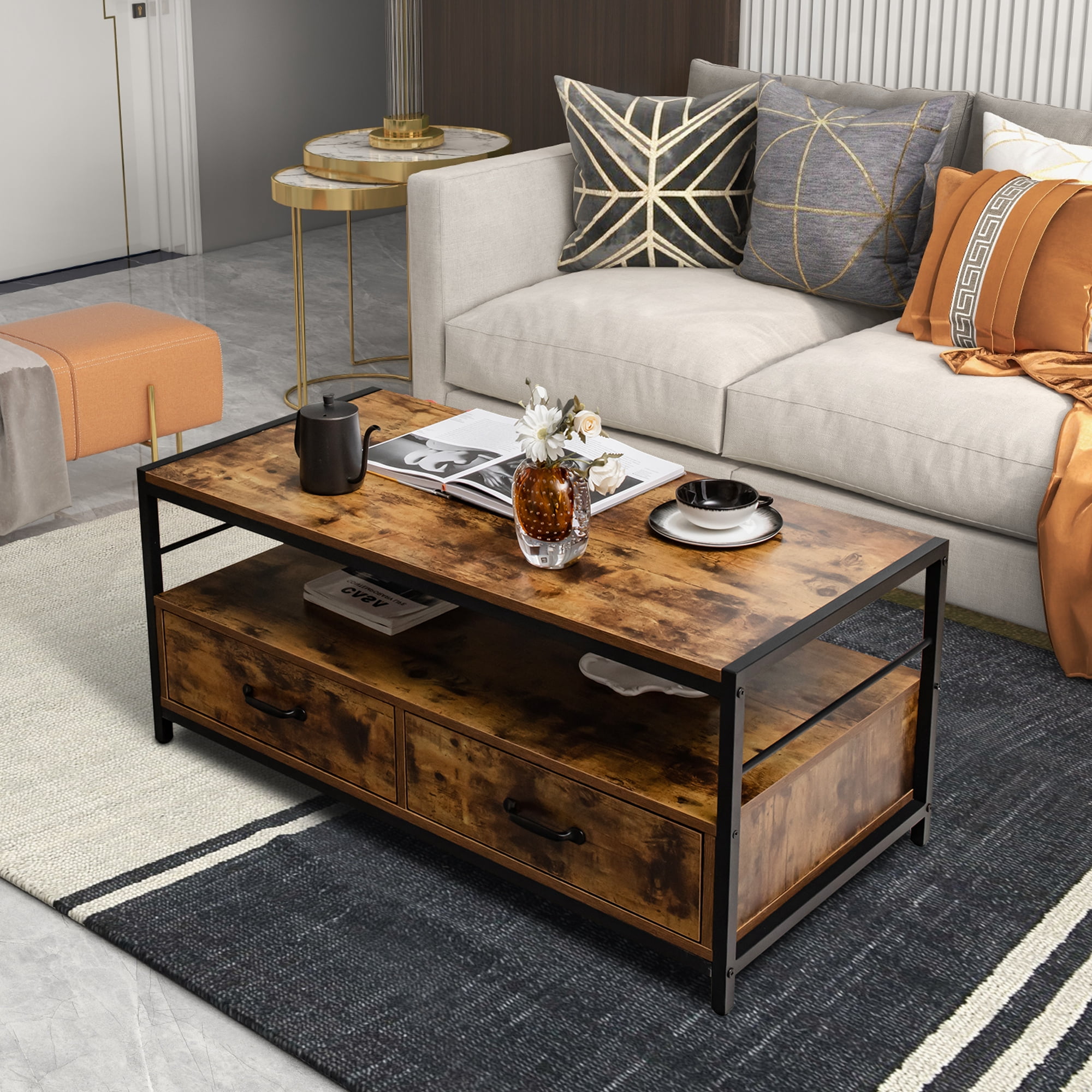 Costway Coffee Table with Storage Drawers& Shelf Coffee Table with Metal Frame for Living Room - Image 7