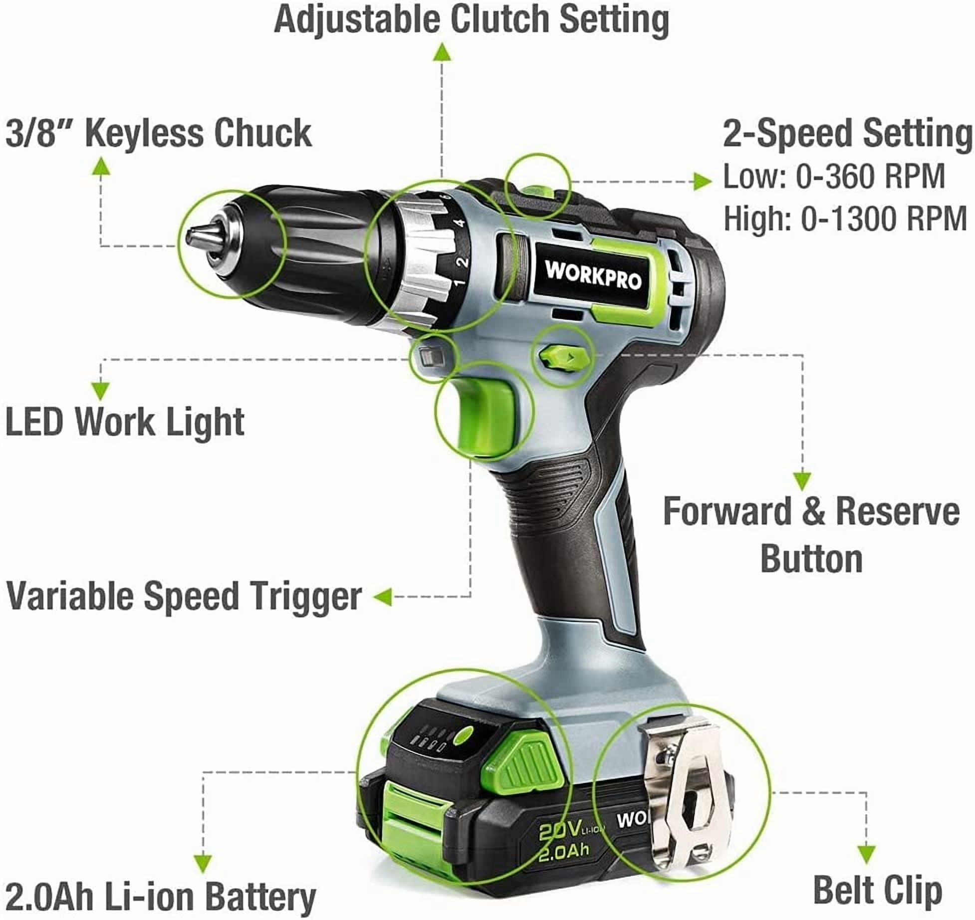 WORKPRO 20V Cordless Drill/Driver Kit, 3/8”, 18+2 Torque Setting, Variable Speed, 2.0 Ah Li-Ion Battery and 1 Hour Fast Charger - Image 2