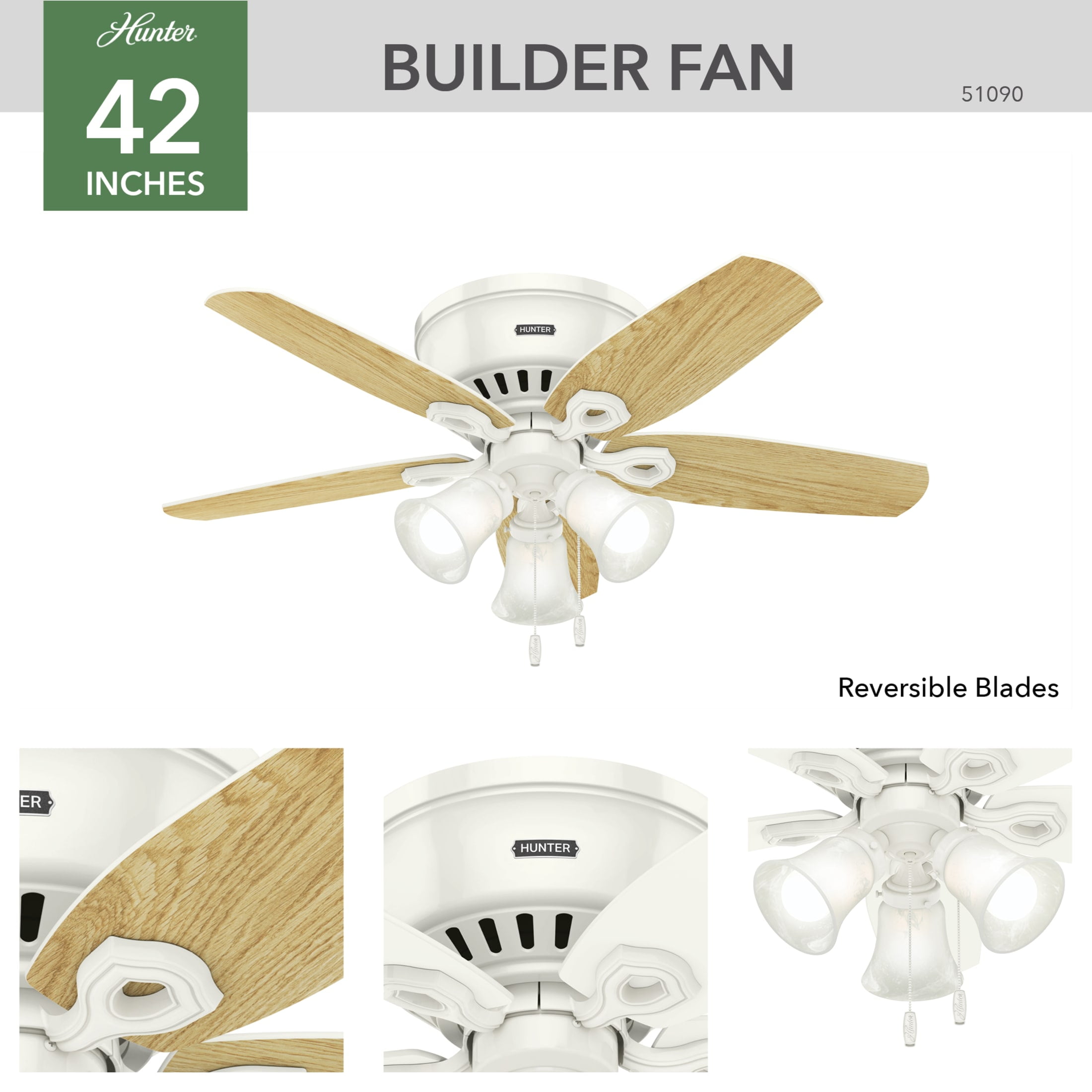 Hunter - Builder Indoor Low Profile Ceiling Fan With Light, 42-inch, Snow White, Traditional-style, 3-speed WhisperWind Motor, 51090, for living rooms, bedrooms, home offices, kitchens - Image 2